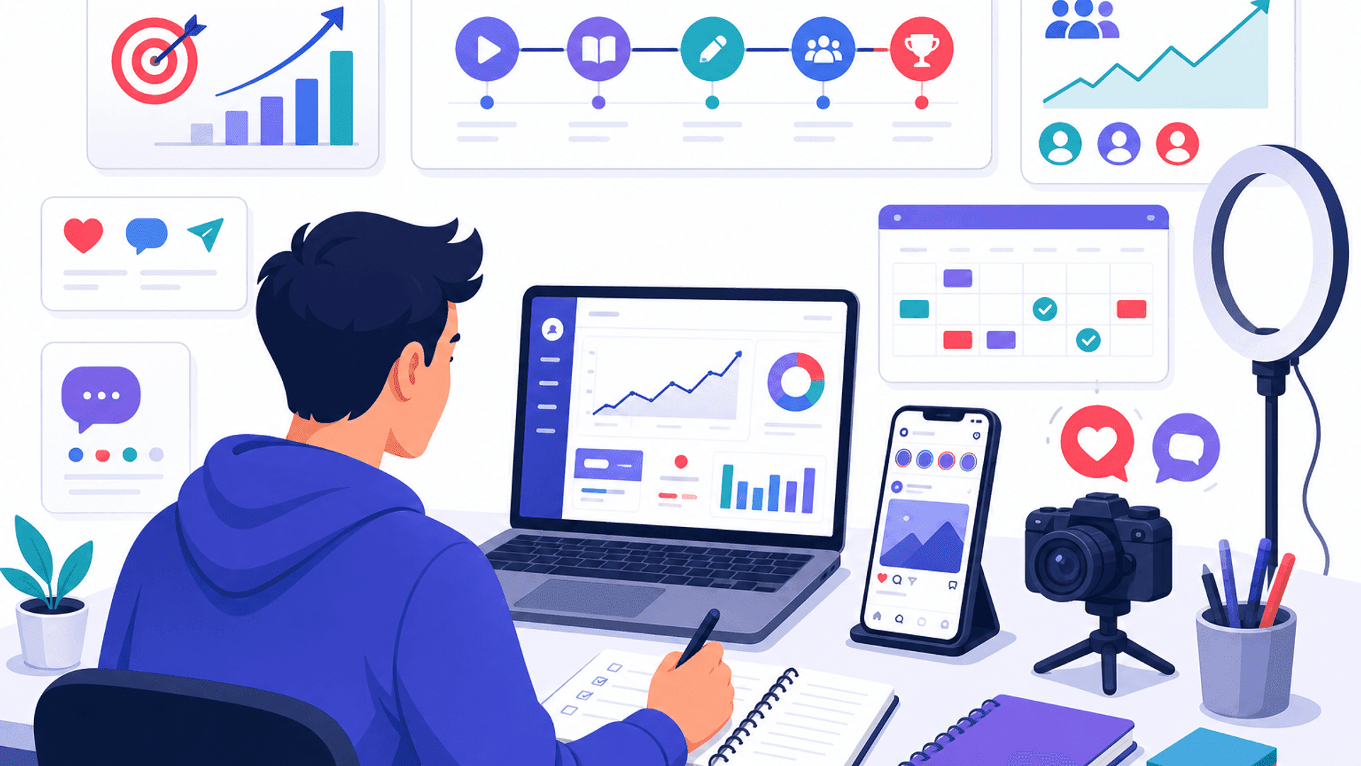 Illustration showing a beginner learning social media growth using Instagram, Facebook, TikTok and YouTube through content creation, audience engagement, analytics and consistent publishing.
