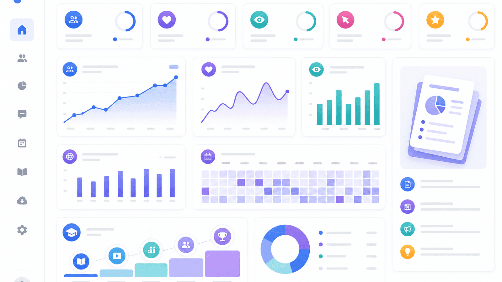 Business dashboard displaying audience growth, engagement, reach, website traffic, publishing consistency and social media learning progress.
