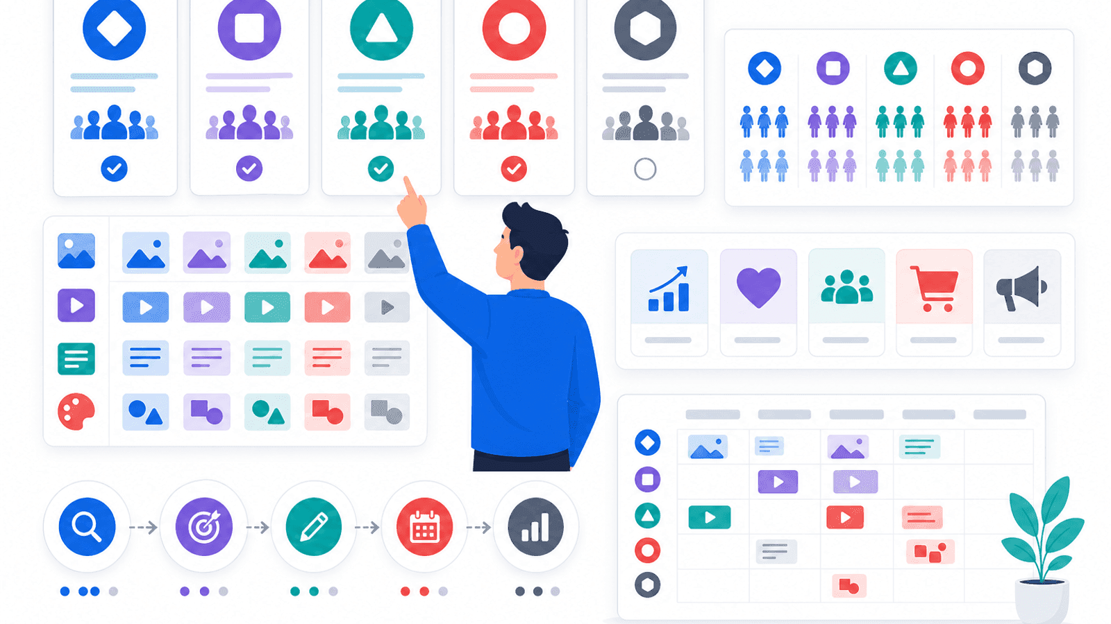 Illustration showing platform selection for beginners by comparing different social media content types, audiences and marketing goals.
