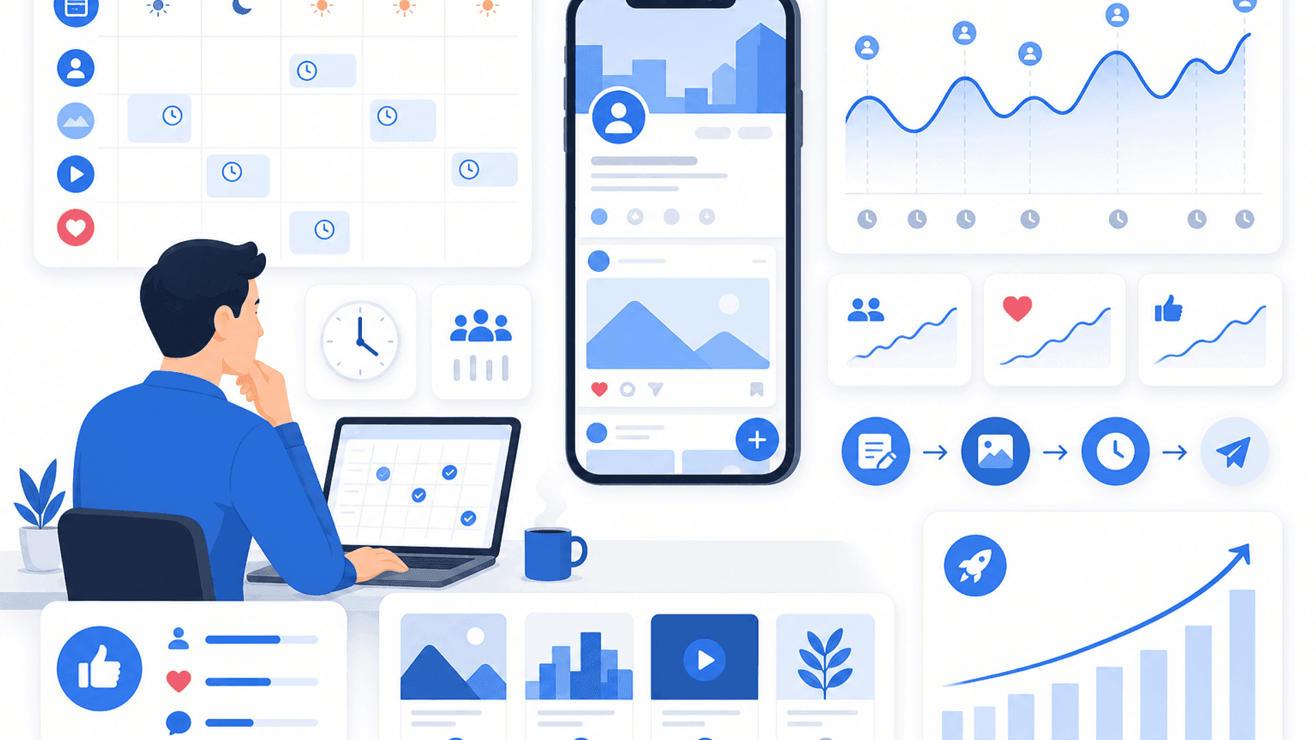 Illustration showing the best time to post on Facebook using a weekly content calendar, audience activity, scheduling tools, analytics and engagement insights.