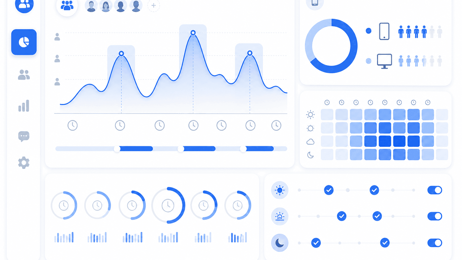 Illustration showing Facebook audience activity throughout the day with peak engagement periods, user activity graphs and content scheduling insights.
