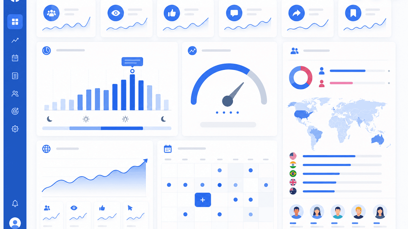 Business analytics dashboard displaying Facebook post reach, engagement rate, posting times, audience insights and content performance trends.