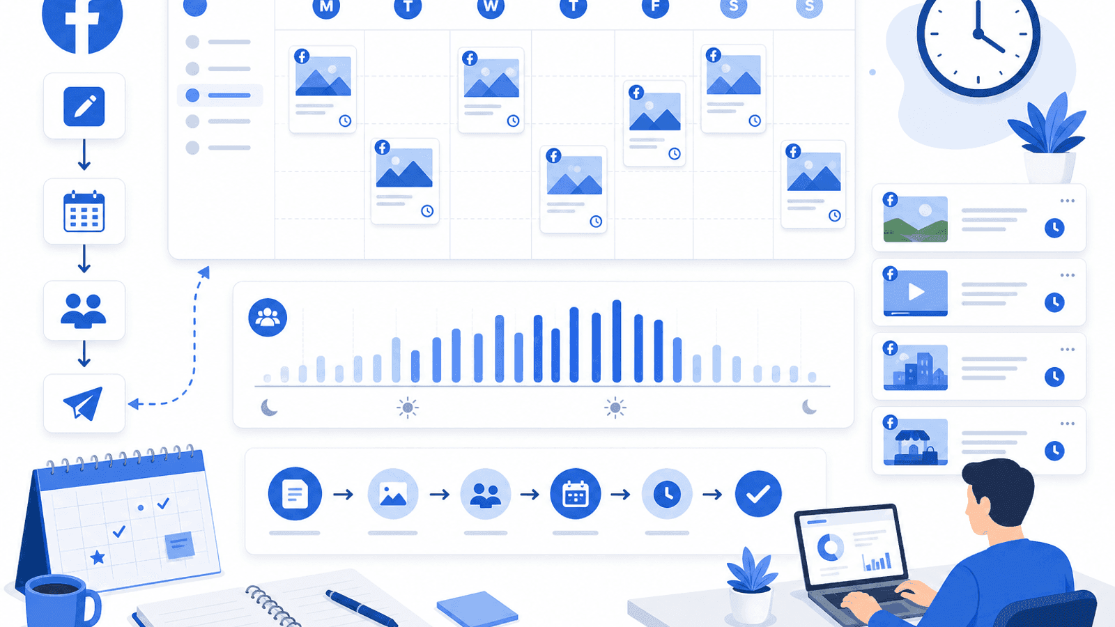 Illustration showing a weekly Facebook posting schedule with publishing times, content planning, audience activity and marketing workflow.