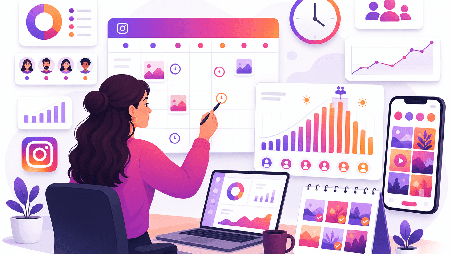 Illustration showing the best time to post on Instagram using audience activity insights, posting schedule and engagement analytics.