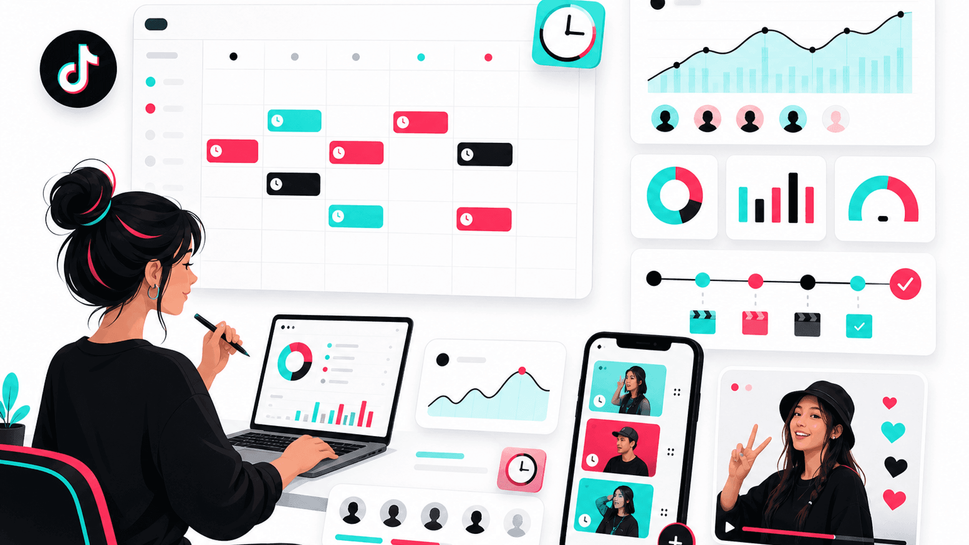 Illustration showing the best time to post on TikTok using audience activity insights, publishing schedule and video performance analytics.