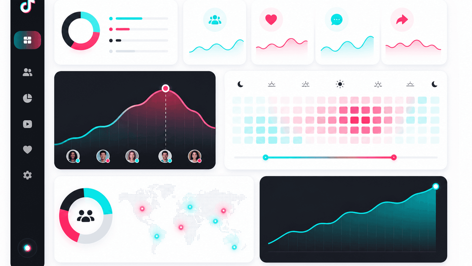 TikTok audience activity dashboard displaying peak viewing hours, audience engagement and follower activity trends.