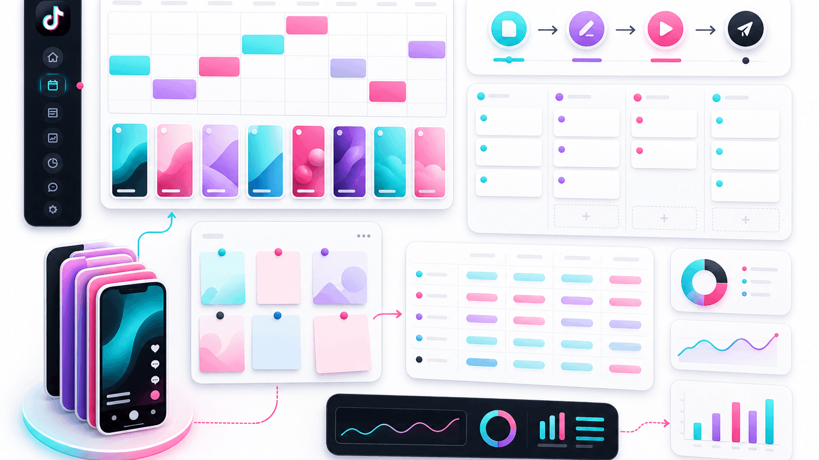 TikTok content scheduling illustration showing weekly publishing calendar, planned videos, content workflow and posting strategy.