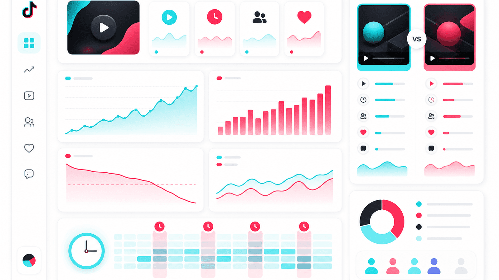 TikTok analytics dashboard comparing video performance across different posting times with watch time, engagement and audience retention metrics.