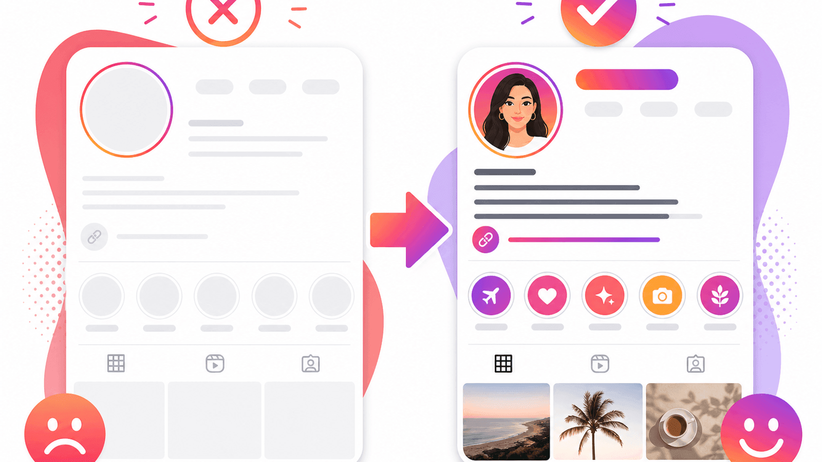 Instagram profile optimization comparison showing common profile mistakes and best practices.