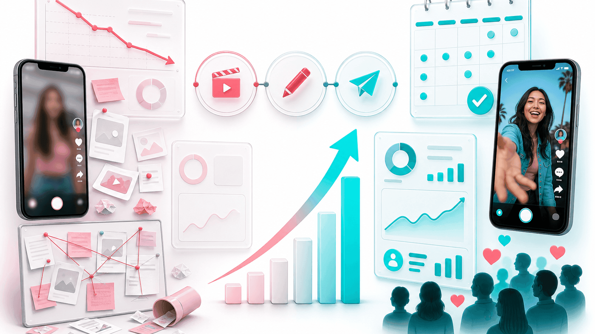 Illustration showing common TikTok growth mistakes compared with best practices including content strategy, audience retention, engagement and analytics.