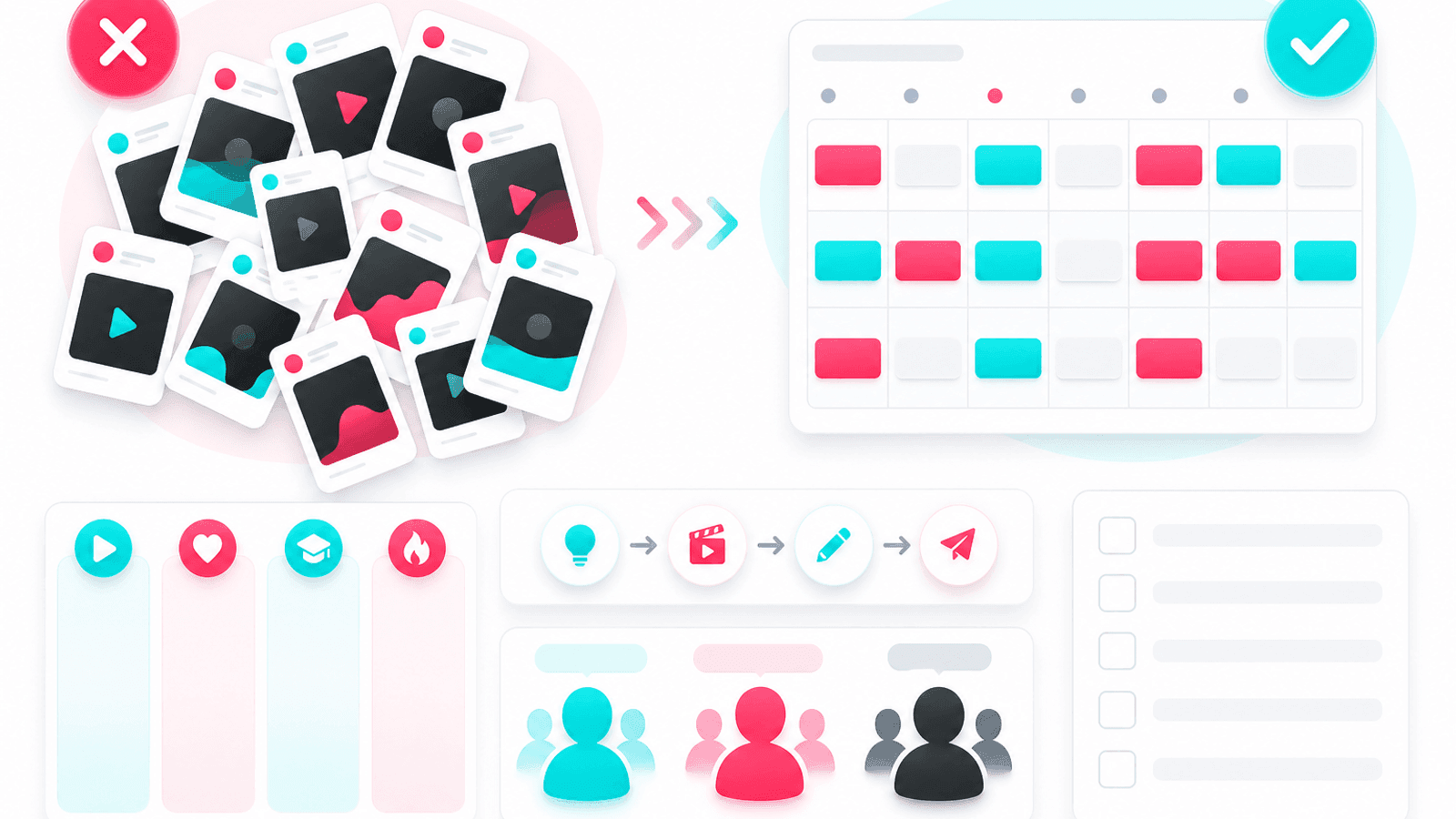 Illustration comparing random TikTok posting with a structured content strategy, publishing schedule and audience-focused planning.