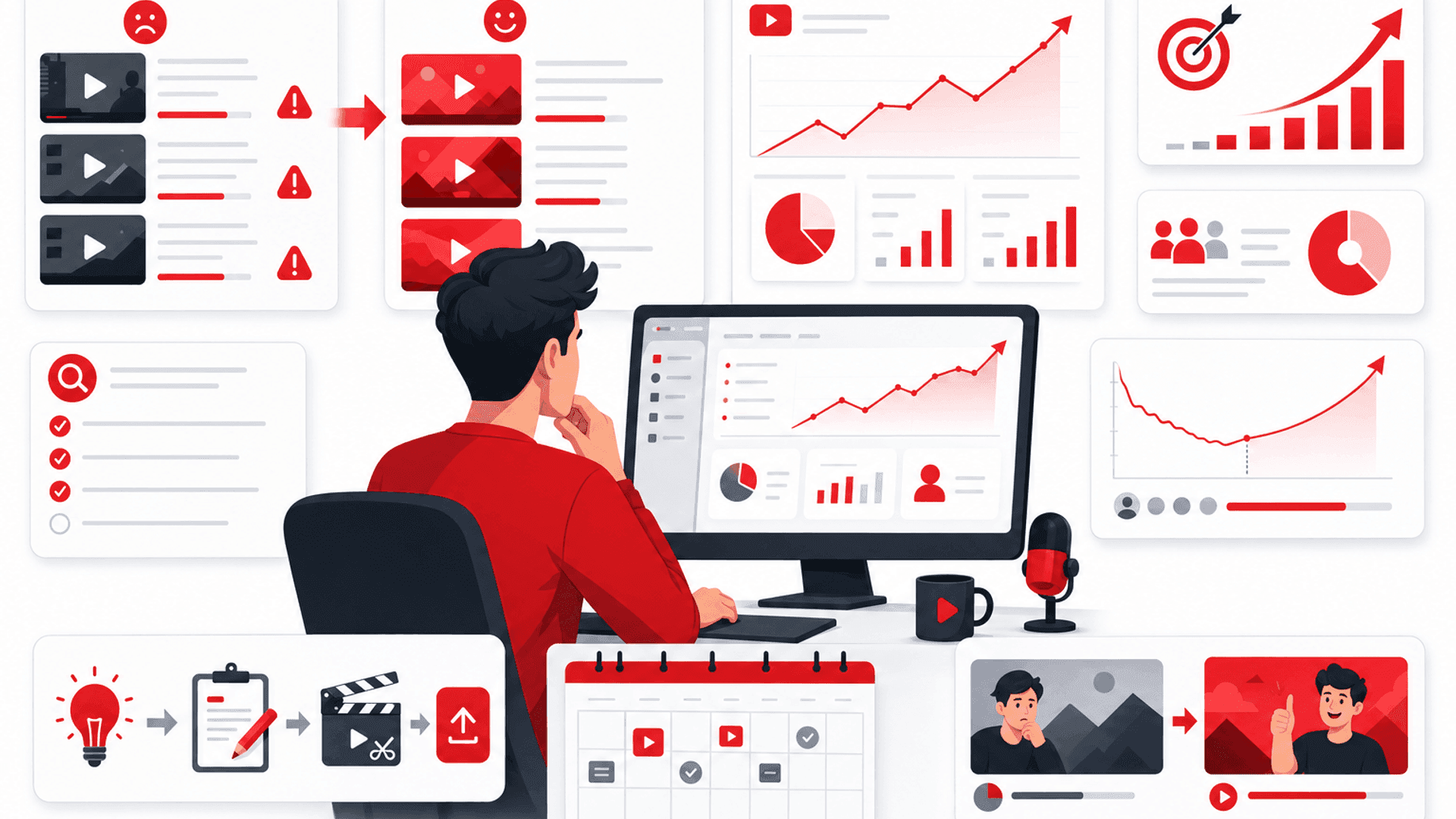 Illustration showing common YouTube growth mistakes including poor thumbnails, inconsistent publishing, weak SEO, low audience retention and missed optimization opportunities.