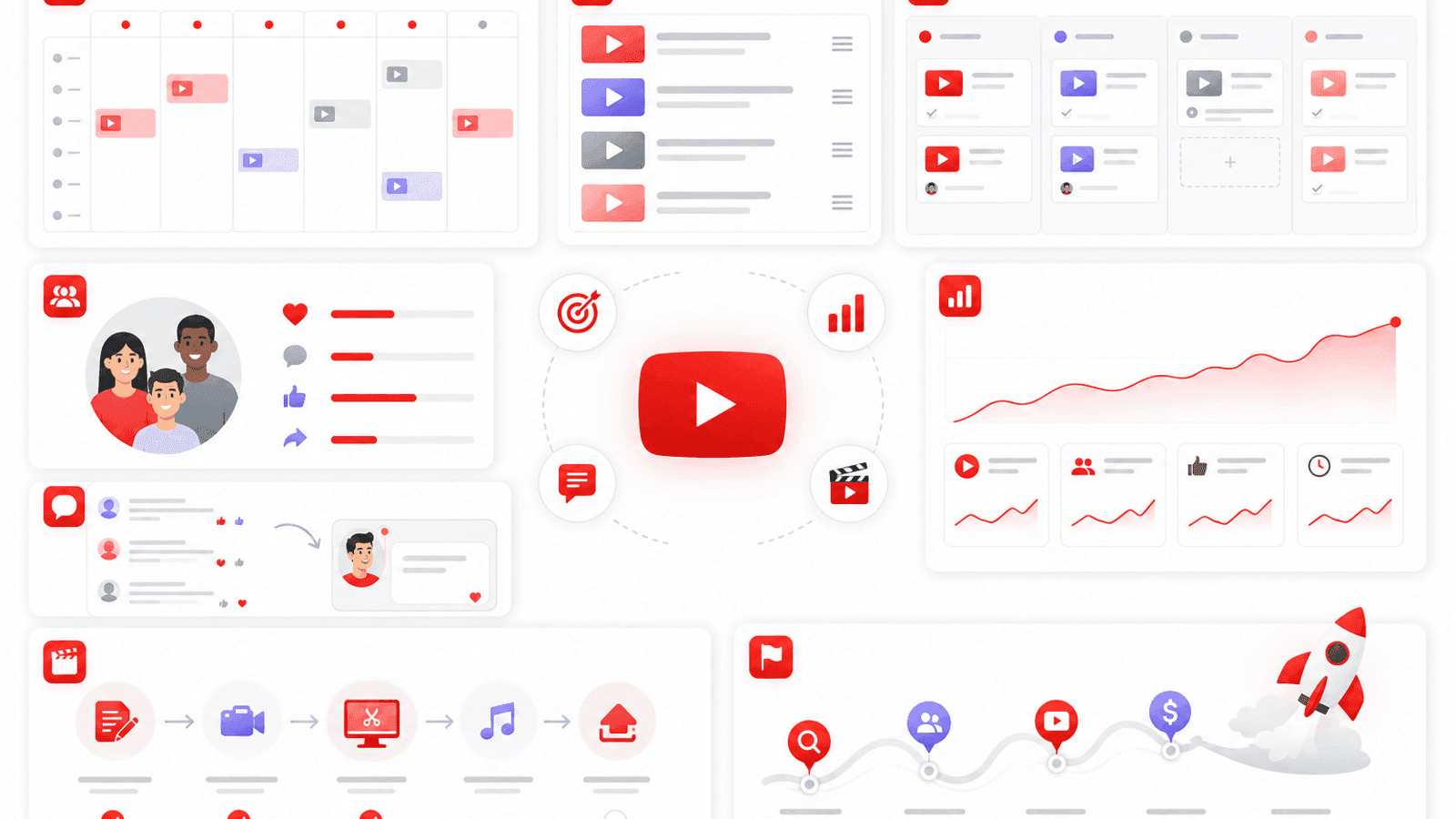 Illustration showing YouTube channel improvements through consistent publishing, organized playlists, audience engagement and better content planning.