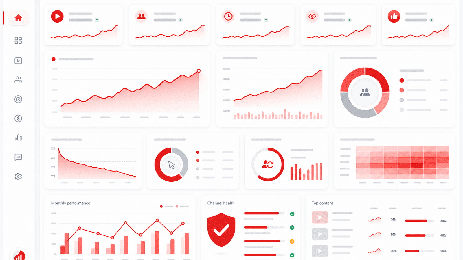Business analytics dashboard displaying YouTube watch time, audience retention, click-through rate, subscriber growth, views and overall channel performance improvements.