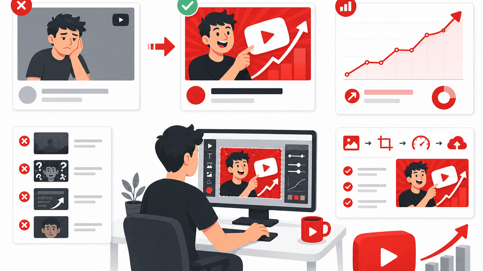 Illustration comparing ineffective and optimized YouTube thumbnails, showing improvements in click-through rate, branding and visual clarity.