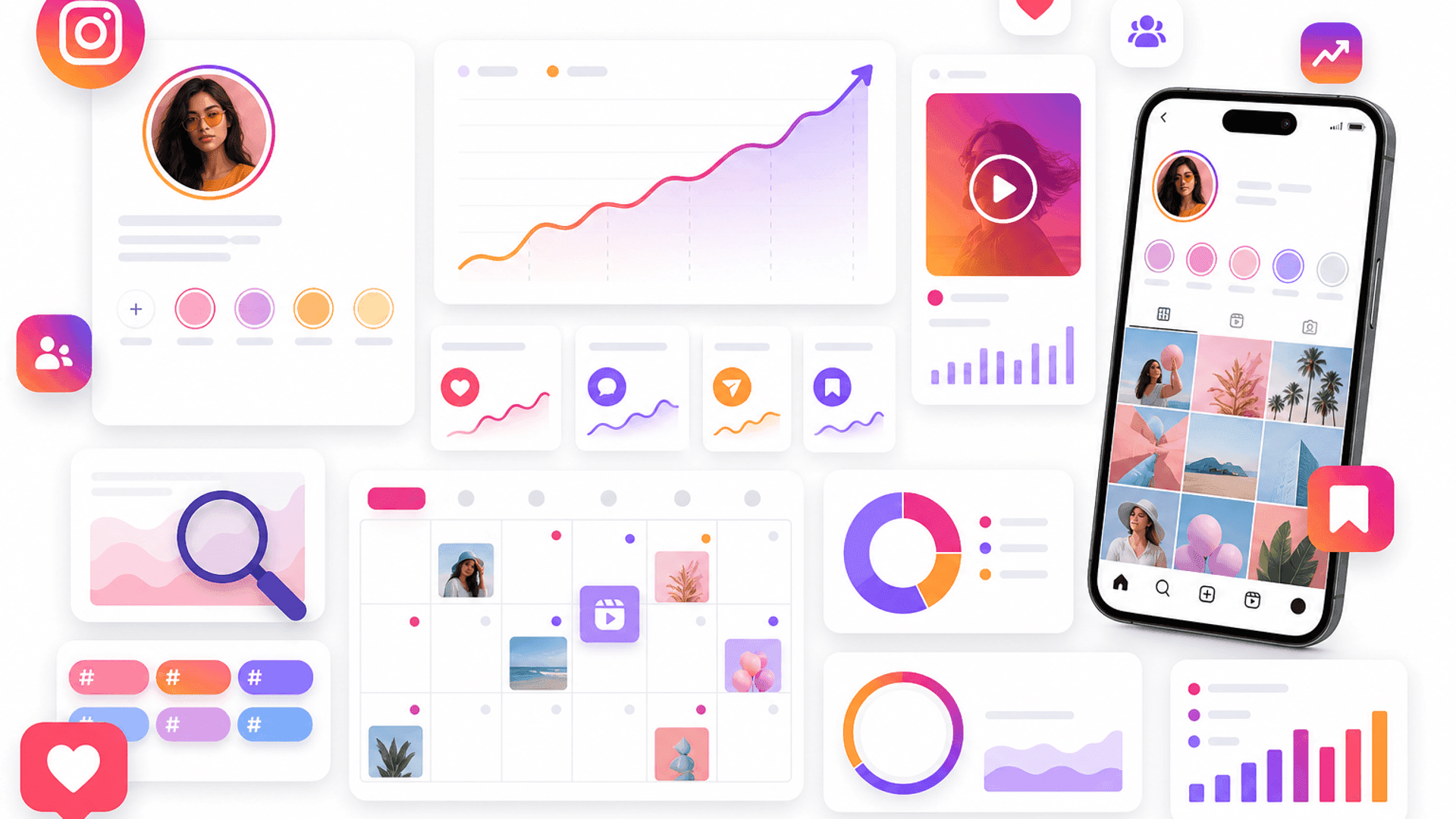 Complete Instagram growth guide illustration showing profile optimization, content strategy, audience growth, analytics and engagement dashboard.