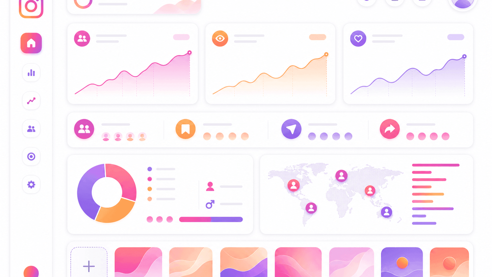 Instagram analytics dashboard displaying follower growth, engagement, reach, profile visits and audience insights.
