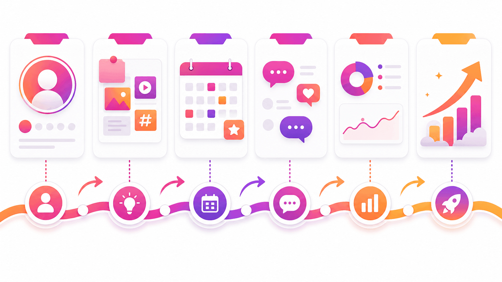 Instagram growth roadmap illustration showing profile setup, content strategy, audience engagement and analytics workflow.