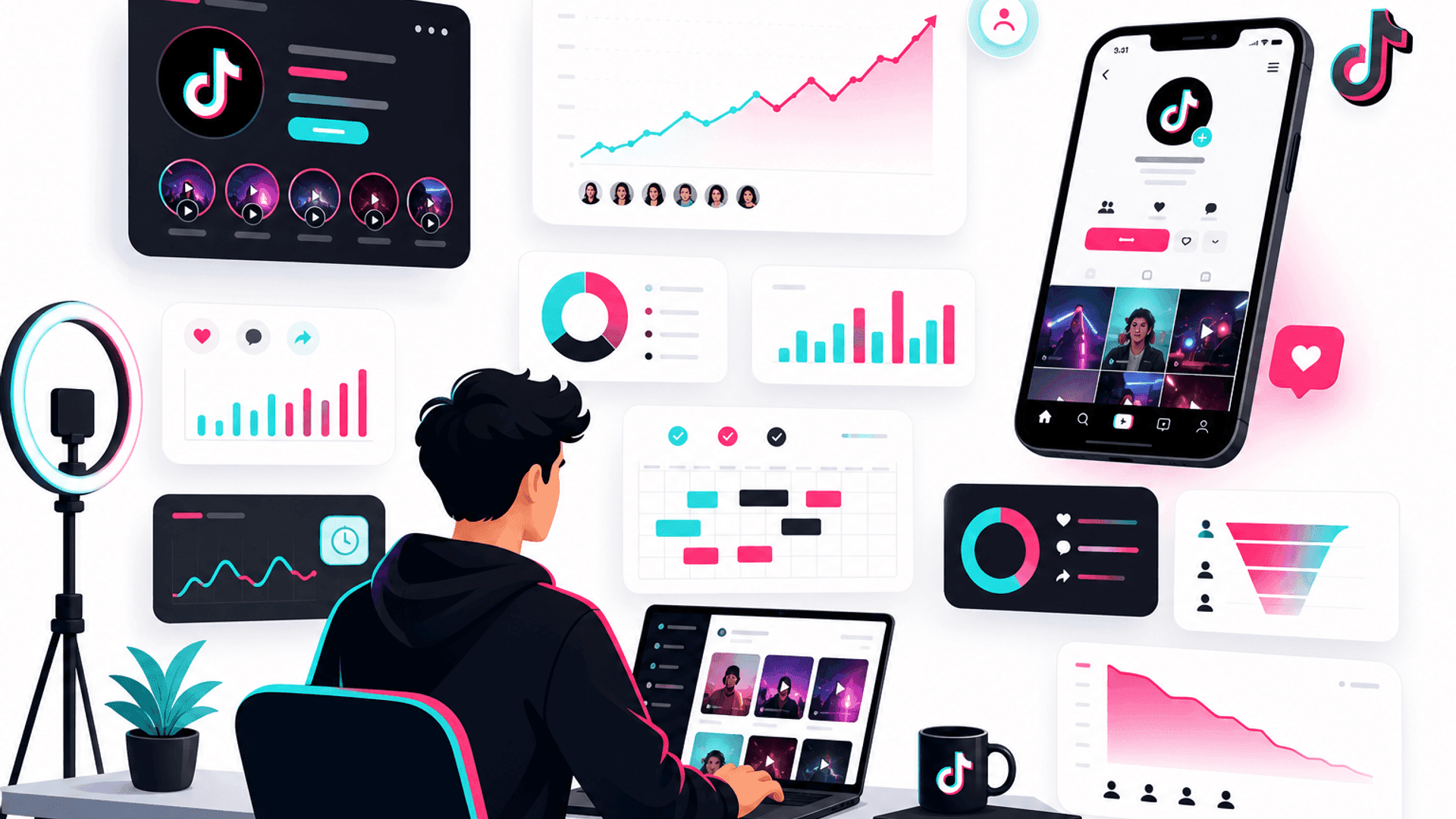 Illustration showing a complete TikTok growth strategy with profile optimization, video content planning, audience growth, engagement analytics and performance dashboard.