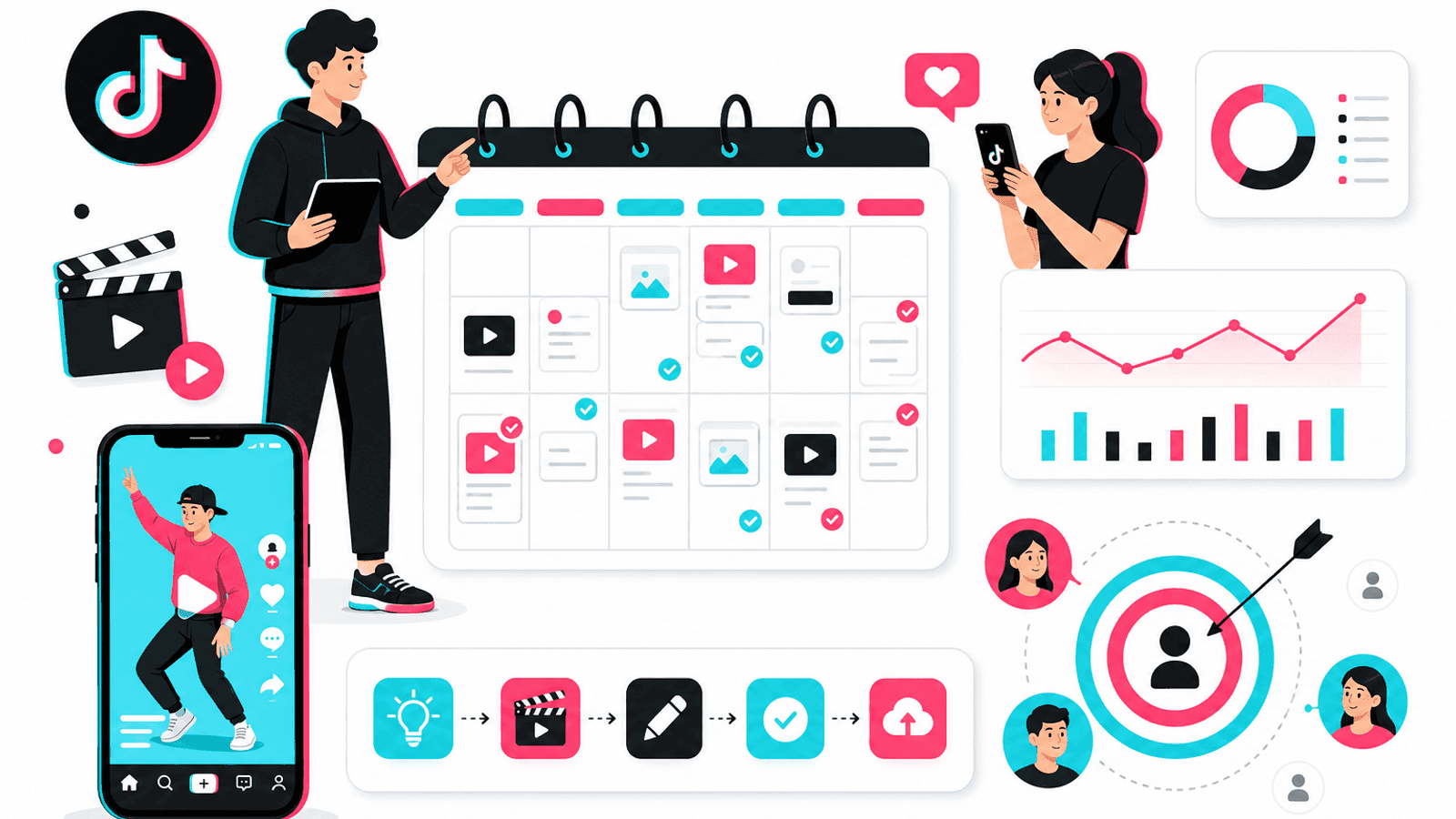 TikTok content strategy framework showing short-form videos, content planning, publishing schedule and engagement optimization.