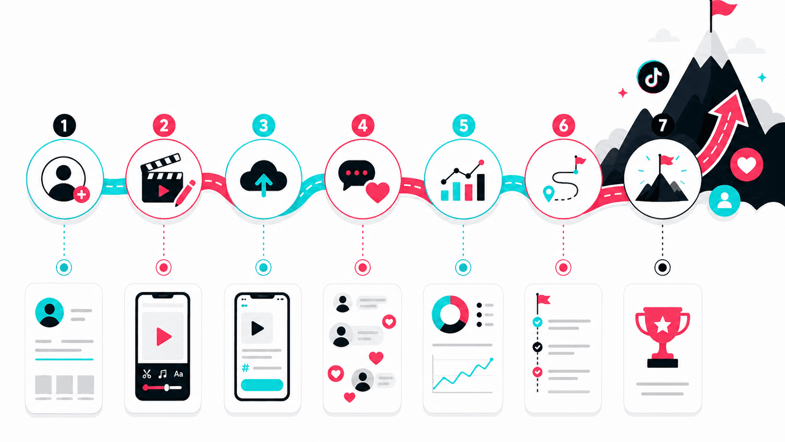TikTok growth roadmap illustration showing profile setup, content creation, publishing consistency, audience engagement and performance analysis.