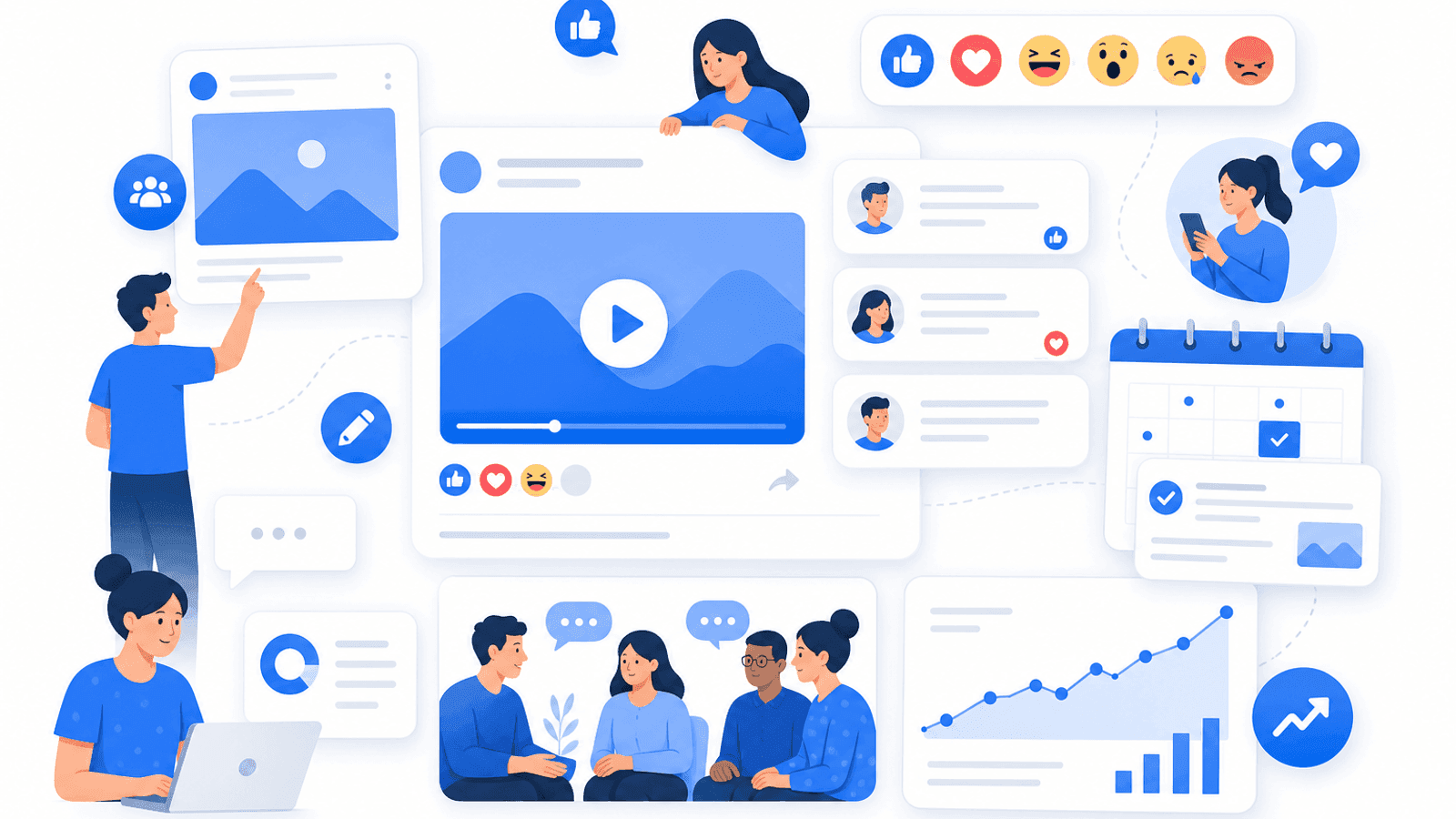 Illustration showing Facebook content strategy with educational posts, videos, audience discussions, comments, reactions and community engagement.