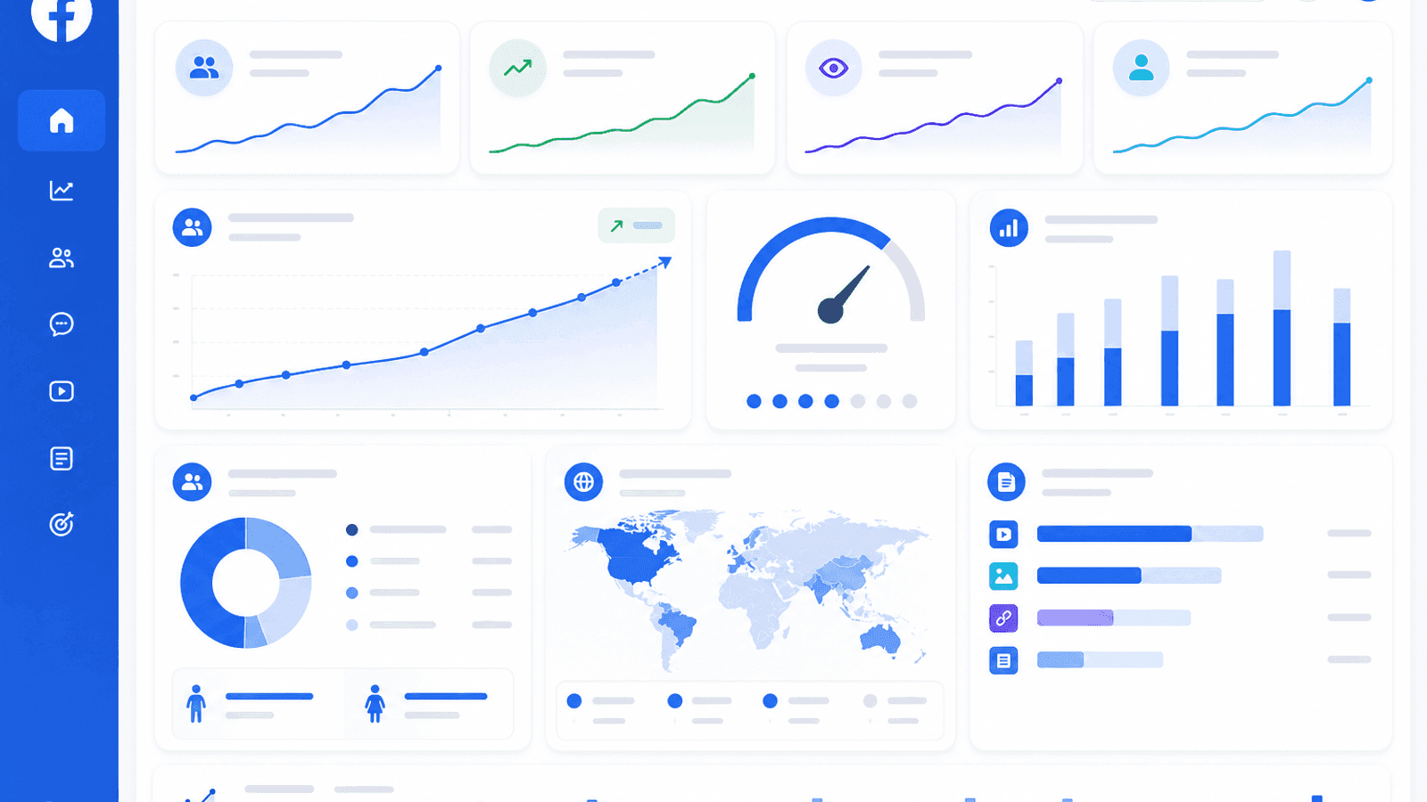 Business analytics dashboard displaying Facebook audience growth, page engagement, followers, post reach, profile visits and monthly performance insights.