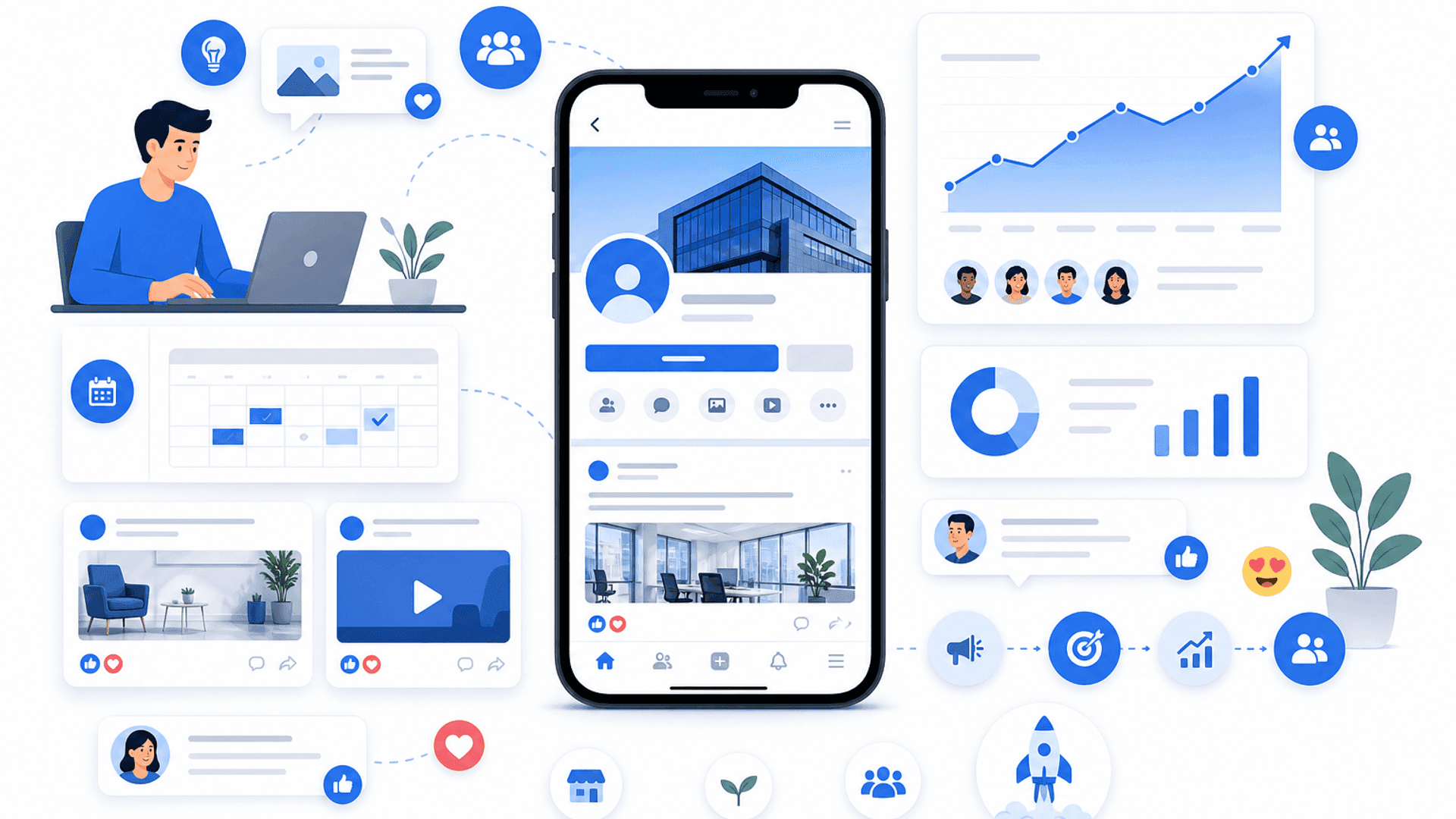 Illustration showing a complete Facebook growth strategy with business page optimization, audience engagement, content planning, analytics and long-term community growth.
