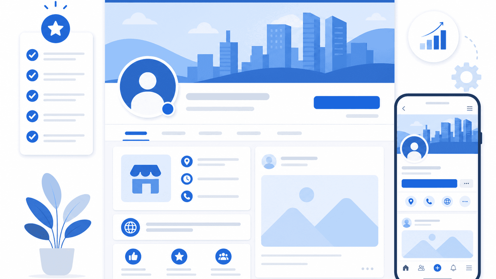 Illustration showing a professionally optimized Facebook Business Page with profile image, cover photo, call-to-action button, business information and branding.