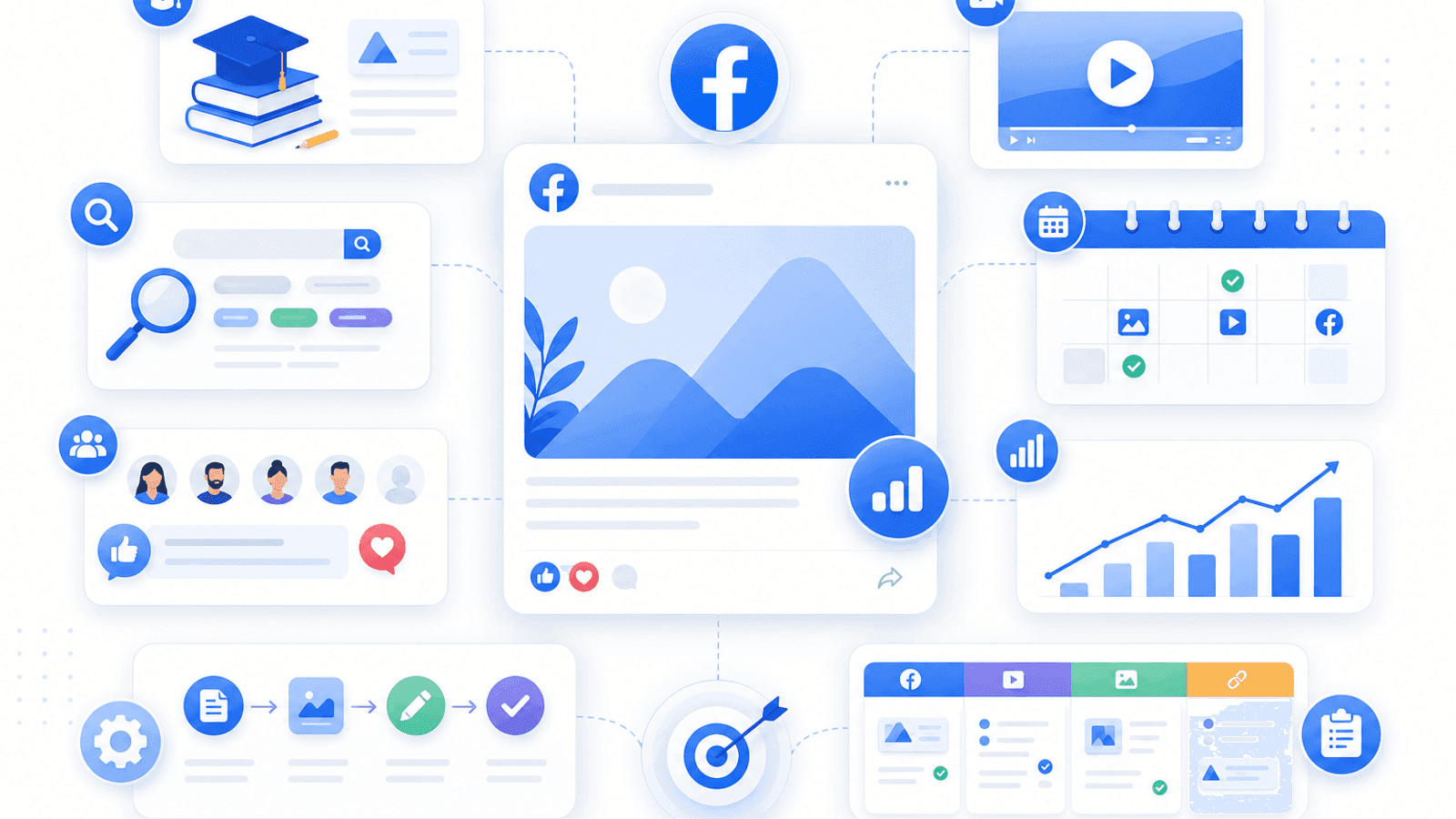 Illustration showing a Facebook content SEO strategy with educational posts, videos, keyword optimization, audience engagement and content planning.