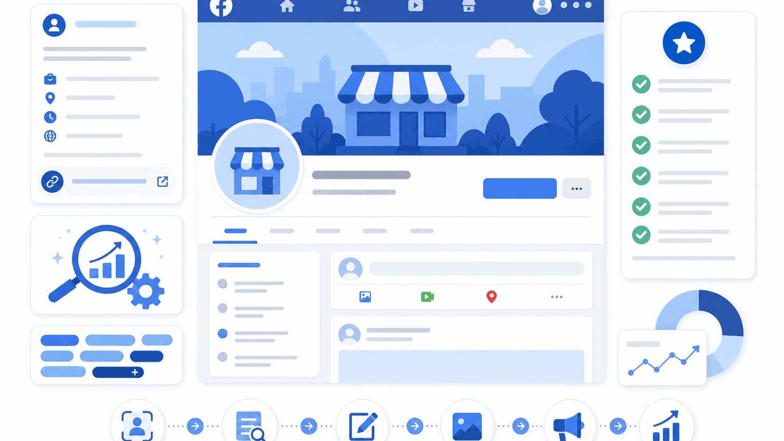 Illustration showing Facebook Page SEO optimization including profile setup, About section, business information, keywords and branding.
