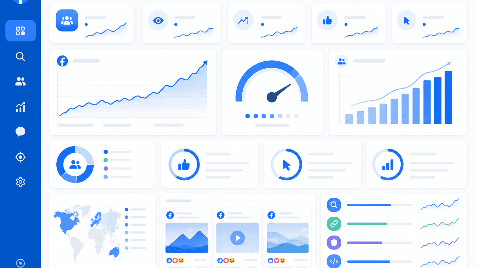 Business analytics dashboard displaying Facebook search visibility, organic reach, Page performance, audience growth, engagement rate and SEO insights.