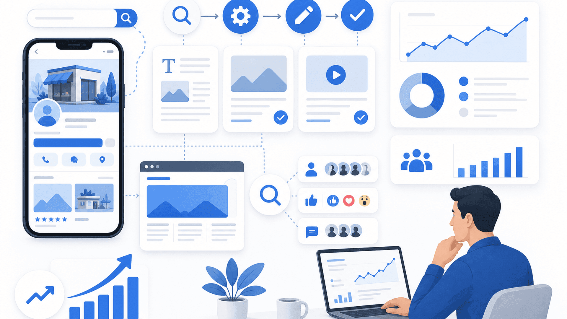 Illustration showing Facebook SEO optimization with a business page, search visibility, content optimization, analytics dashboard and long-term organic growth.