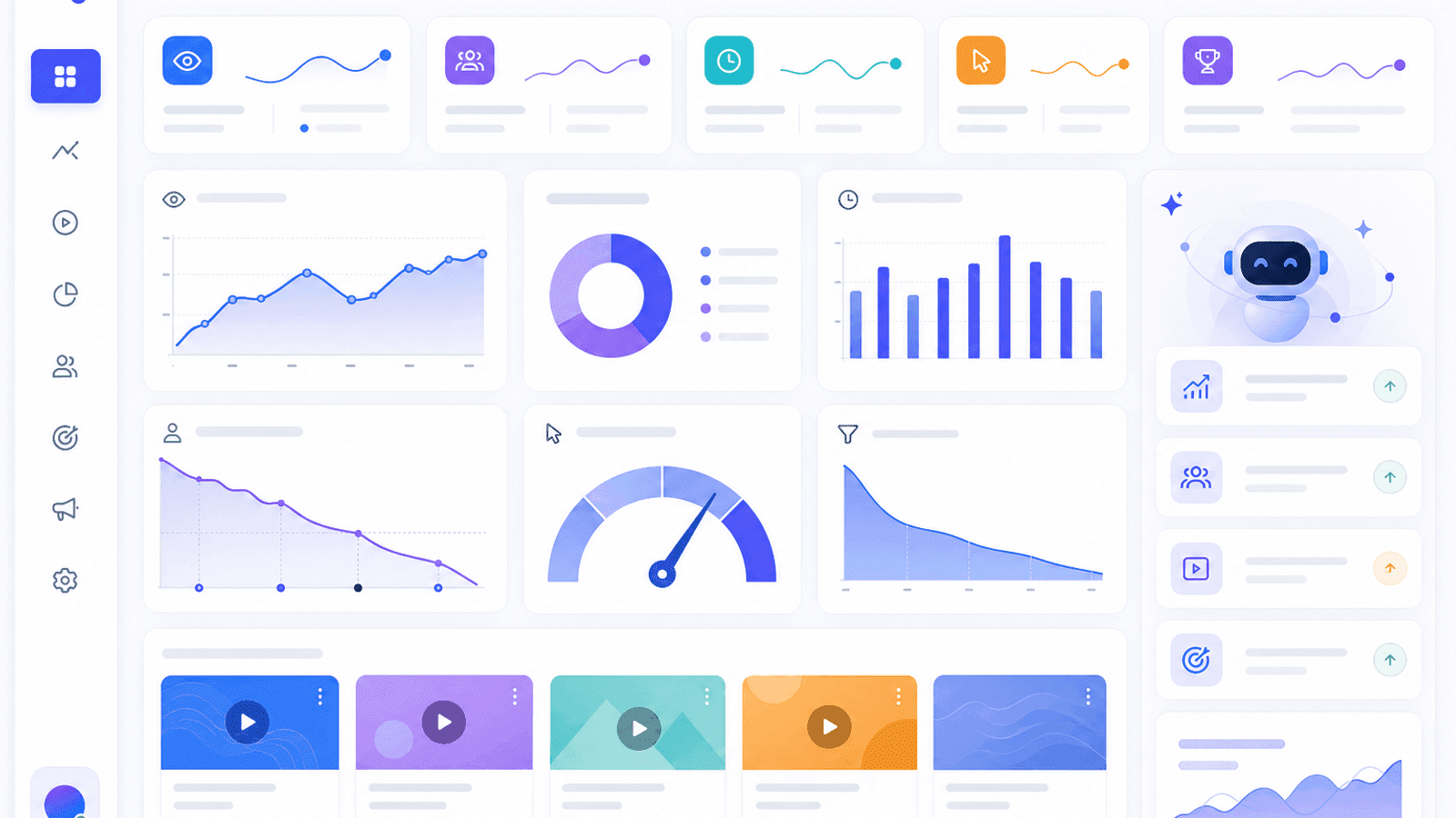 Business analytics dashboard displaying reach, engagement, audience retention, click-through rate, watch time, content performance and algorithm insights.