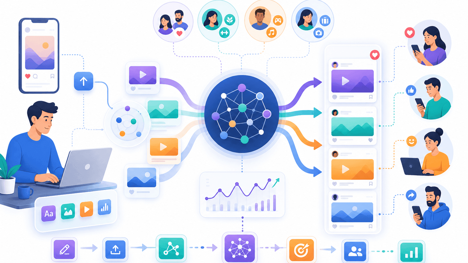 Illustration showing content discovery through social media algorithms with personalized feeds, audience interests, recommendation pathways and organic reach.