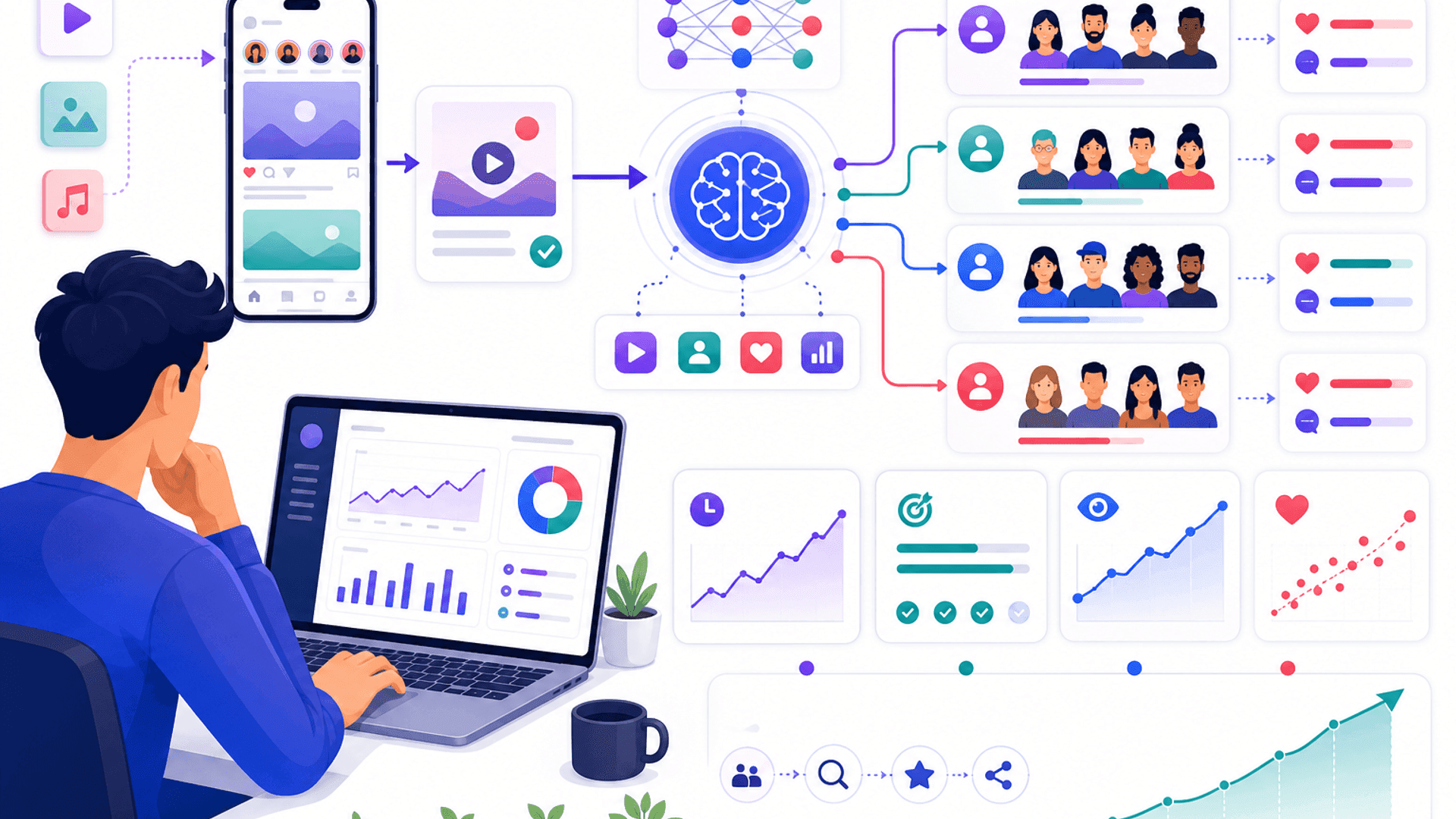 Illustration showing how social media algorithms recommend content based on engagement, user interests, watch time, relevance and audience behaviour across major social platforms.