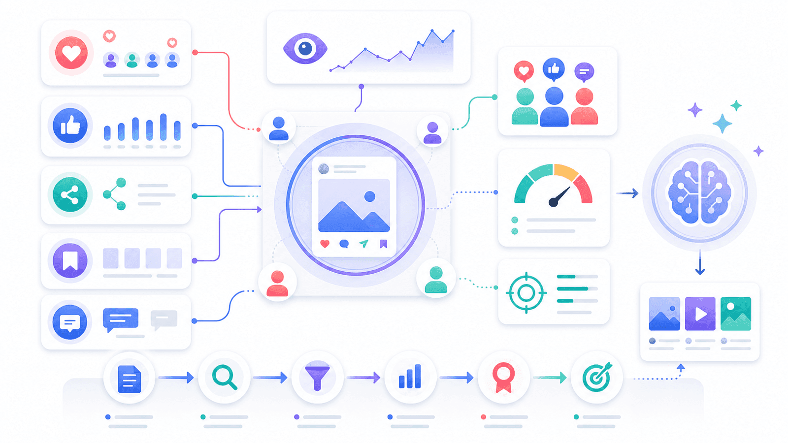 Illustration showing the primary ranking signals used by social media algorithms, including engagement, watch time, saves, shares, comments and content relevance.