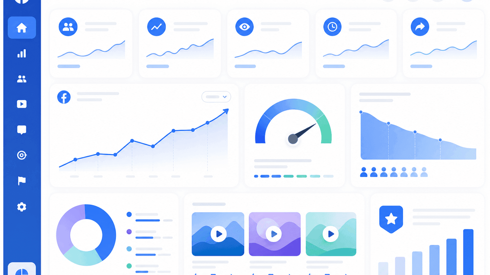 Business analytics dashboard displaying Facebook reach, engagement rate, audience retention, watch time, shares and content performance insights.