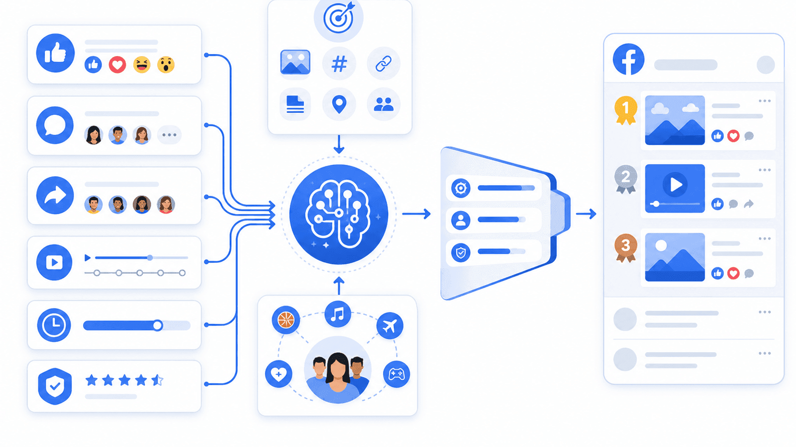 Illustration showing Facebook algorithm ranking signals including engagement, relevance, content quality, shares, comments, watch time and audience interests.