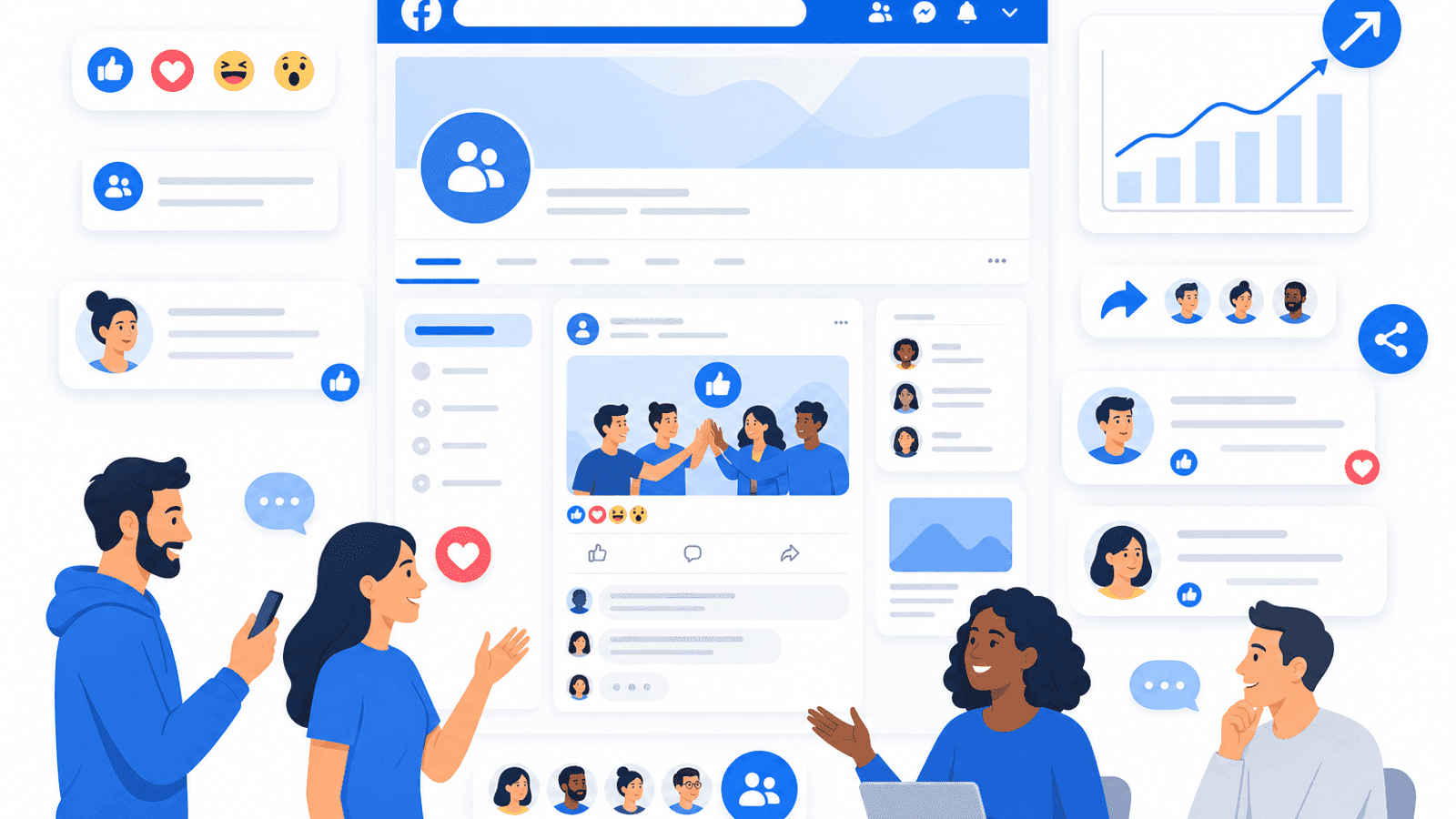 Illustration showing meaningful Facebook engagement through comments, discussions, reactions, community interaction and audience conversations.