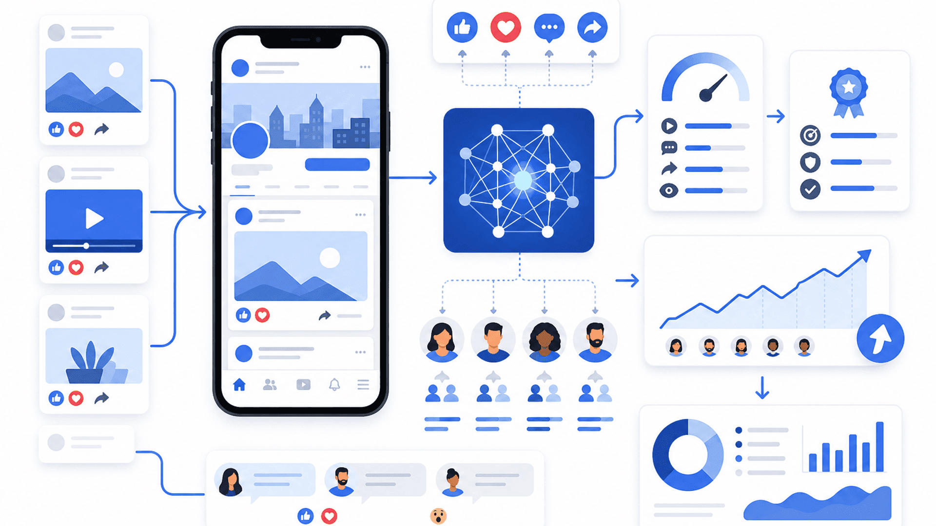 Illustration showing how the Facebook algorithm ranks content using audience engagement, relevance signals, content quality, interactions and performance analytics.