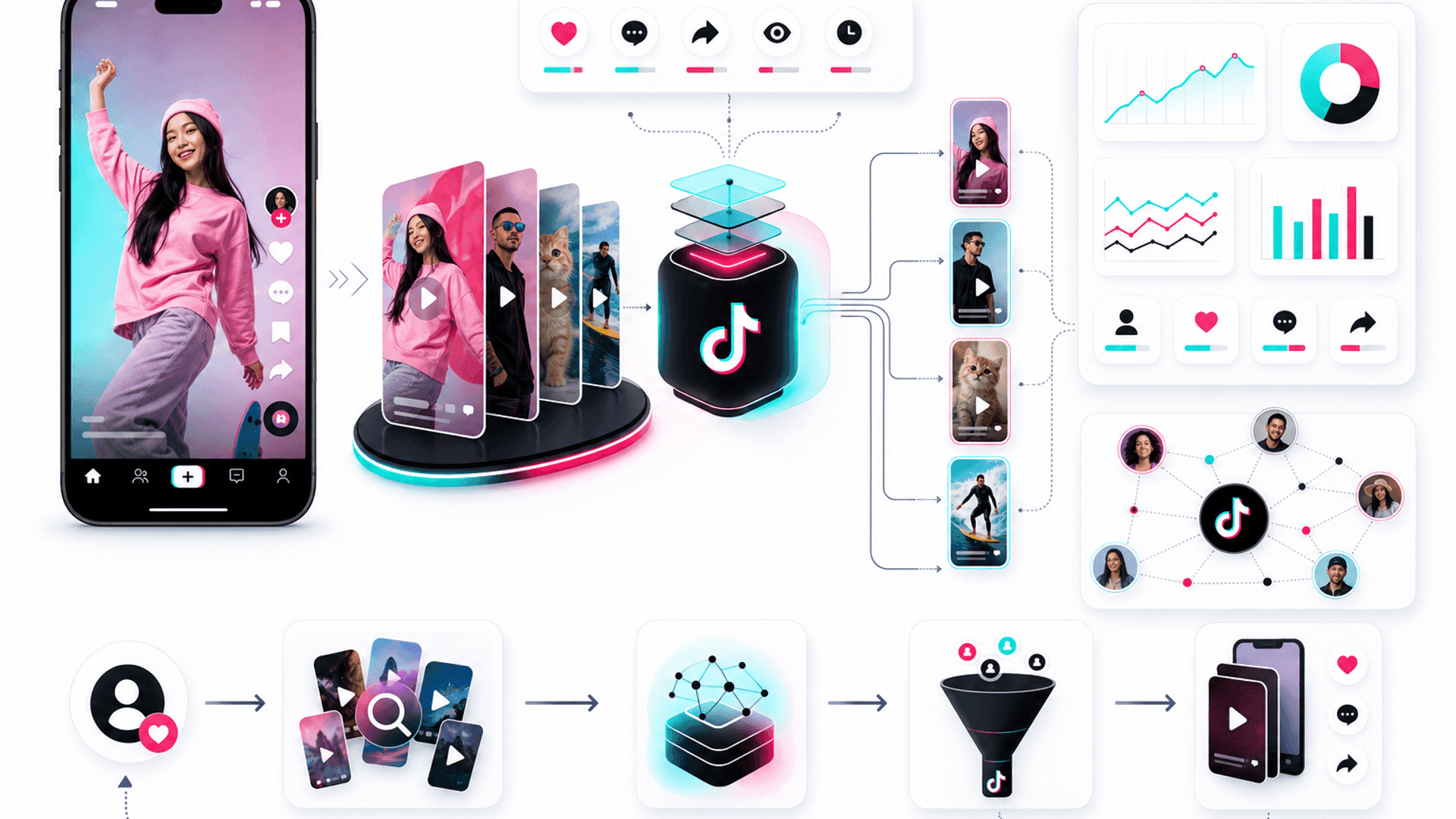 Illustration explaining how the TikTok algorithm recommends videos using watch time, engagement, audience retention and content relevance.