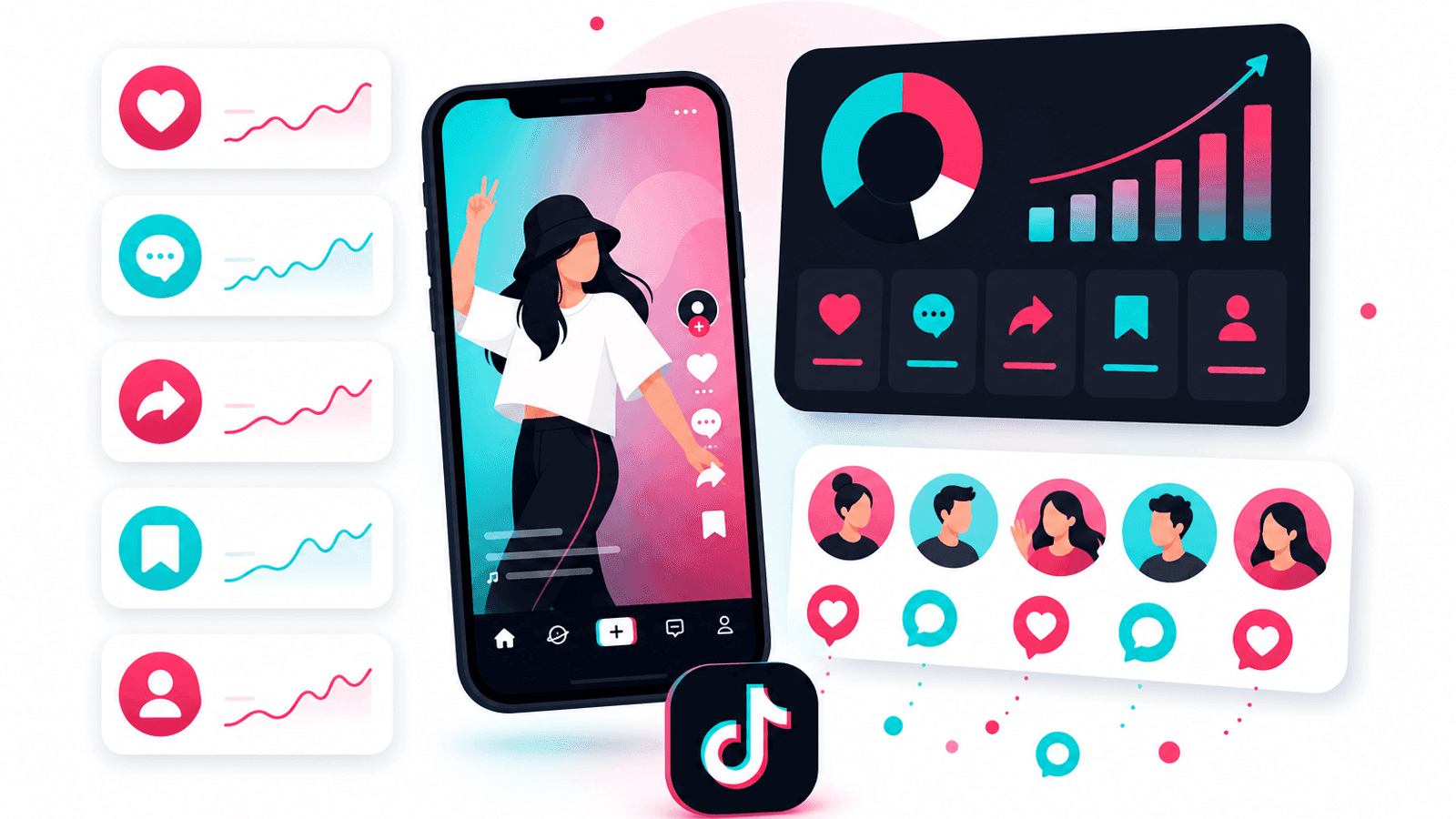 Illustration showing TikTok engagement signals including likes, comments, shares, saves and profile visits.
