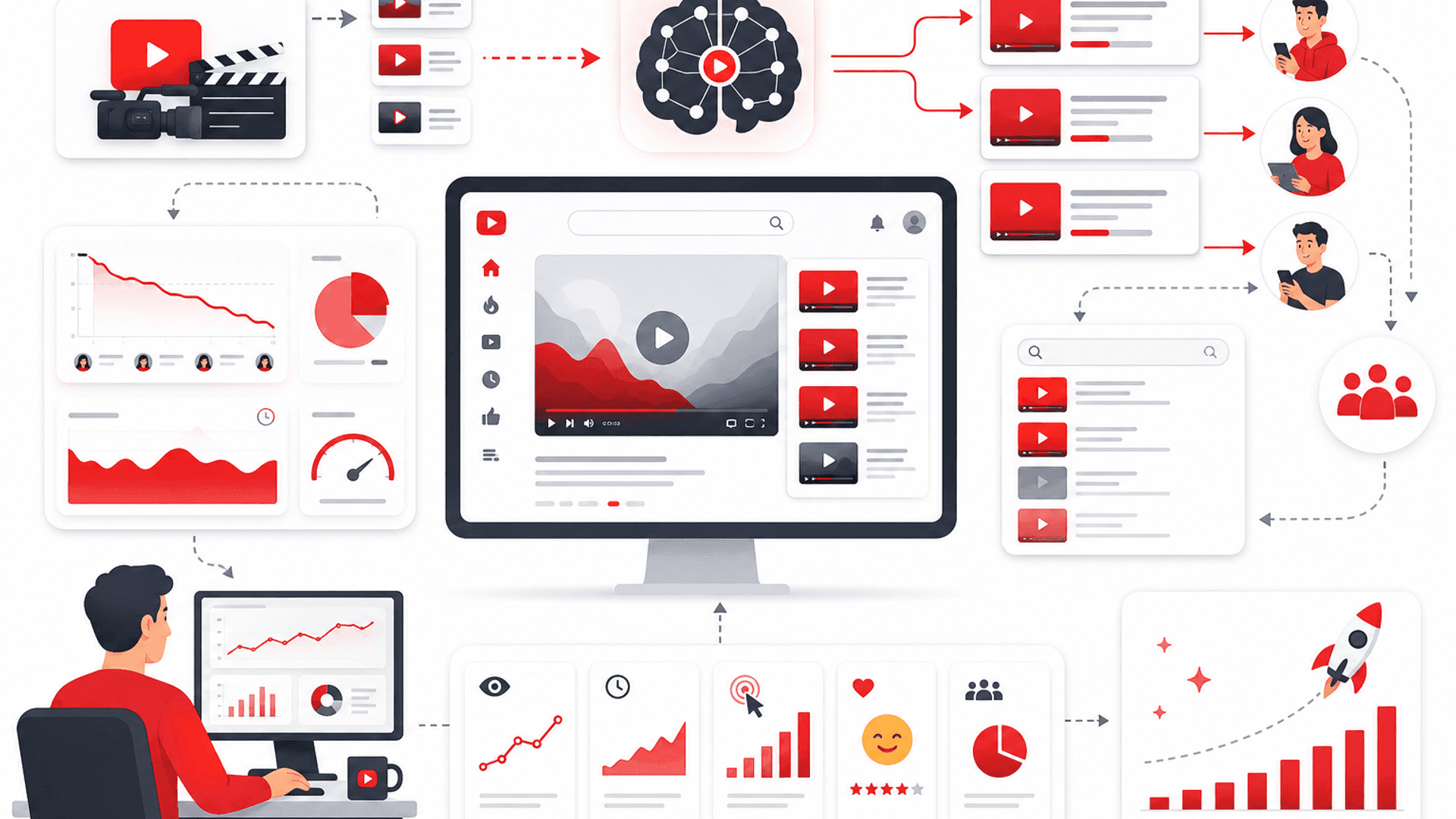 Illustration showing how the YouTube algorithm recommends videos using audience retention, watch time, click-through rate, viewer satisfaction and recommendation analytics.