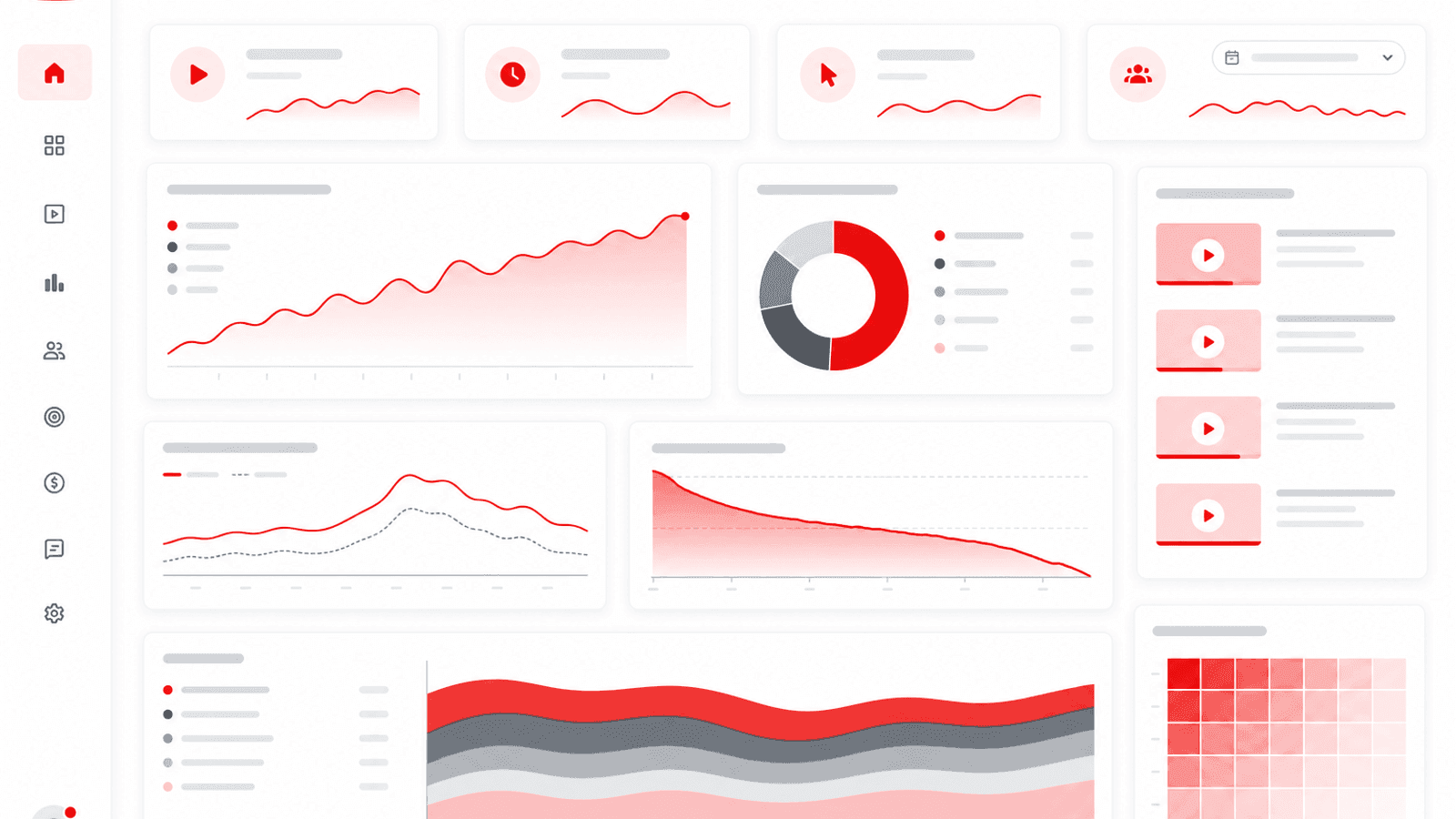 Business analytics dashboard displaying YouTube recommendations, watch time, audience retention, click-through rate, traffic sources and overall channel performance.