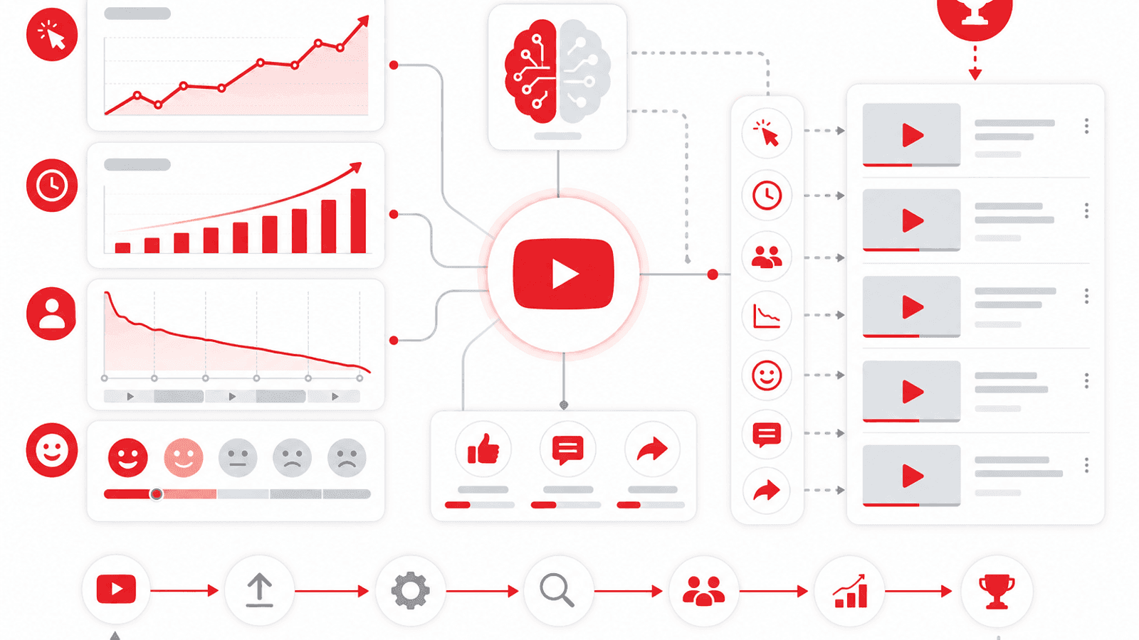 Illustration showing YouTube ranking signals including click-through rate, audience retention, watch time, viewer satisfaction and engagement metrics.