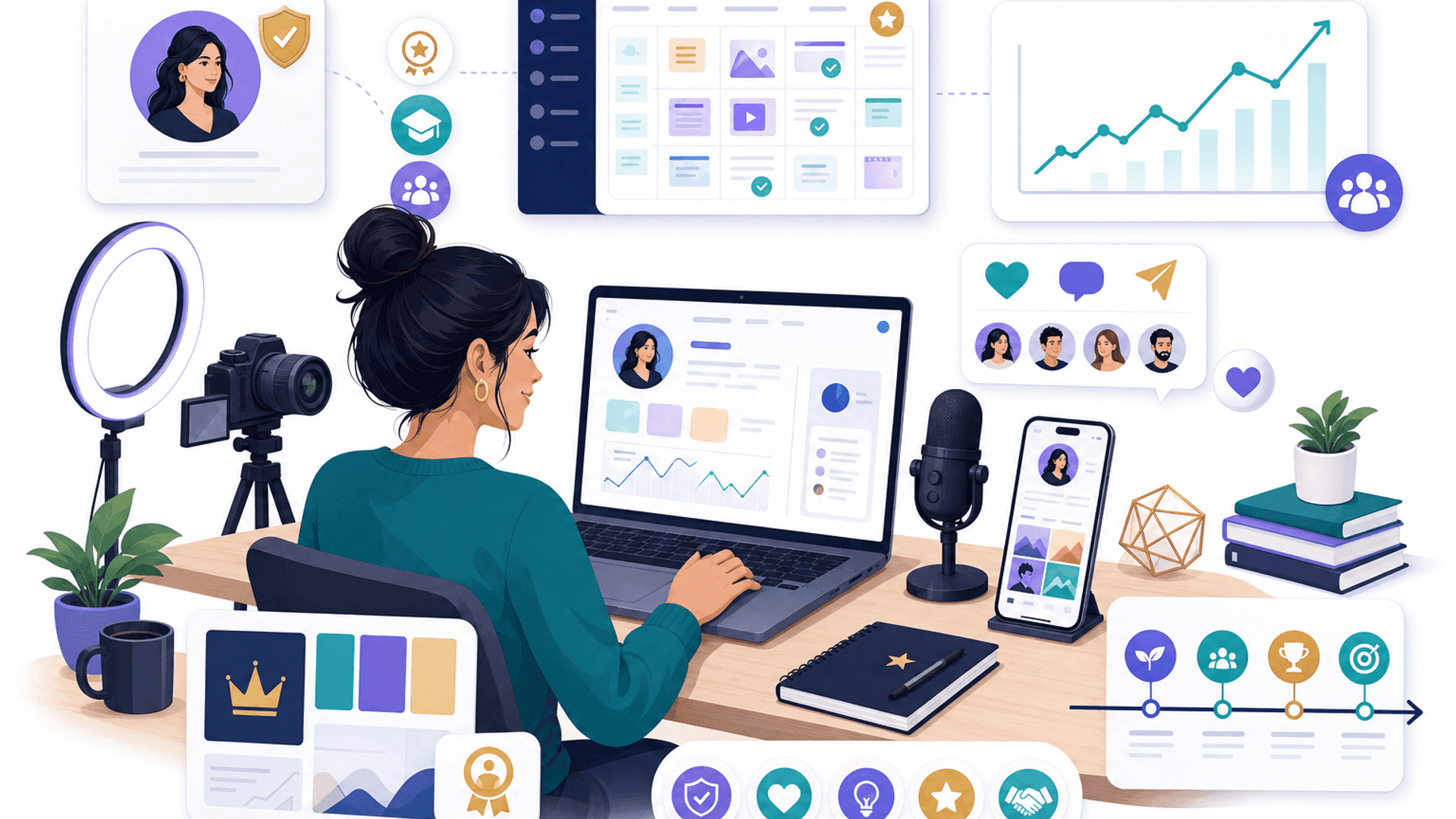 Illustration showing a professional building a personal brand on social media through valuable content, audience trust, consistent branding, community engagement and long-term growth.