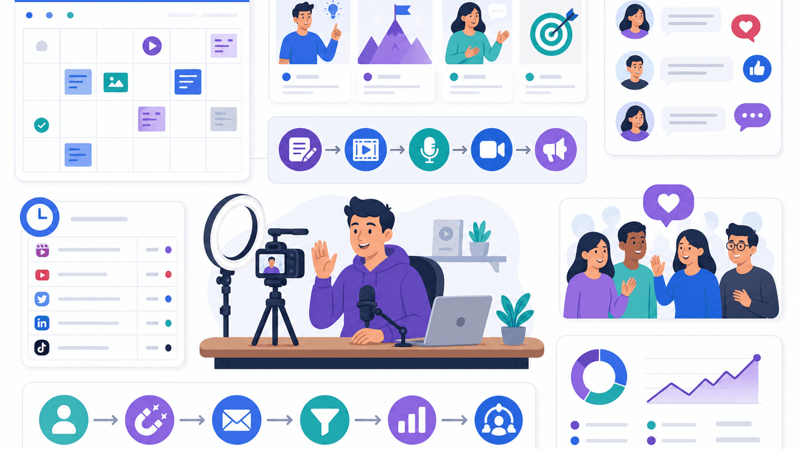 Illustration showing a personal brand content strategy with educational posts, storytelling, audience engagement, publishing workflow and content planning.