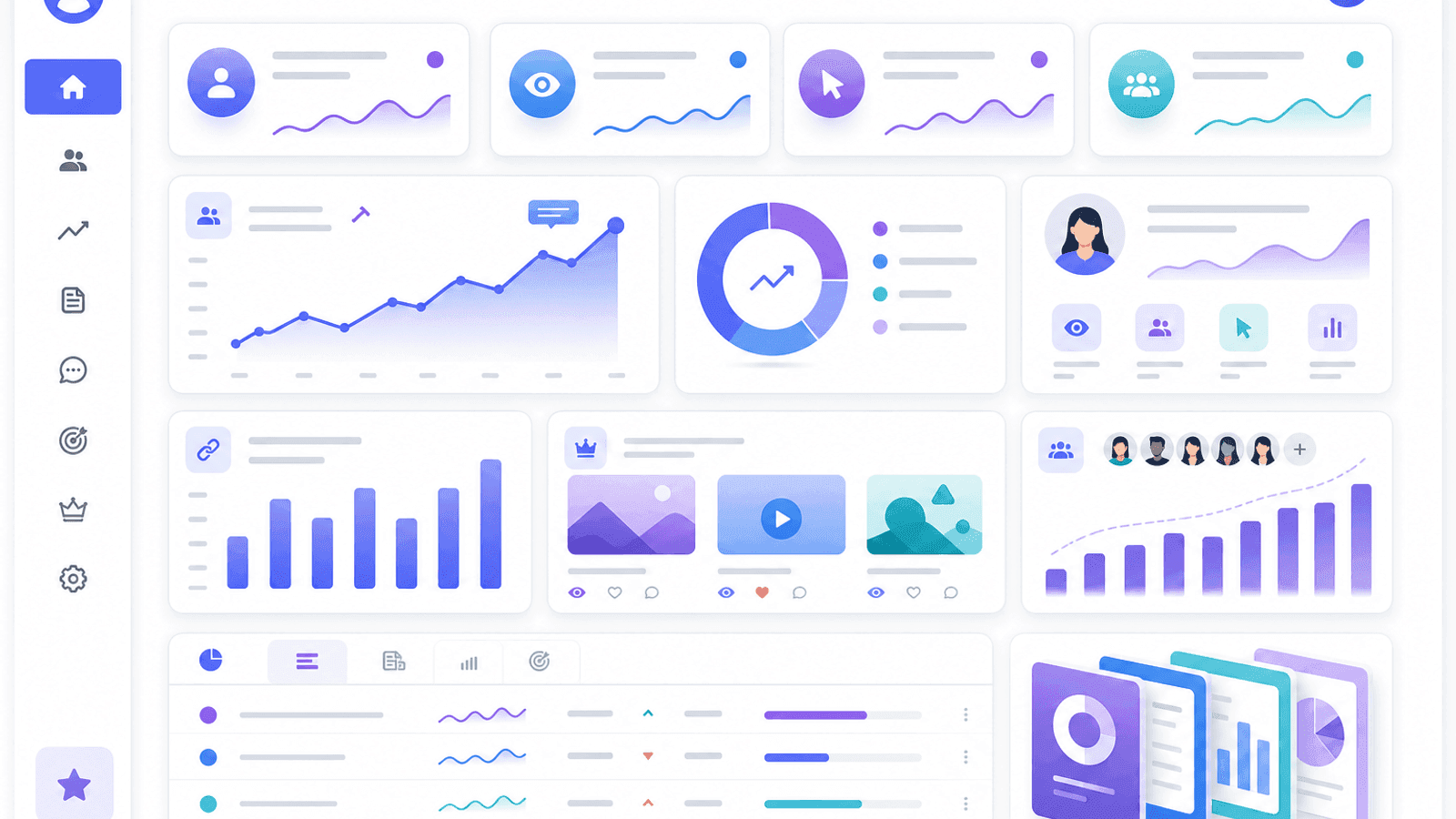 Business analytics dashboard displaying personal brand growth, audience engagement, profile visits, website clicks, follower growth and content performance.