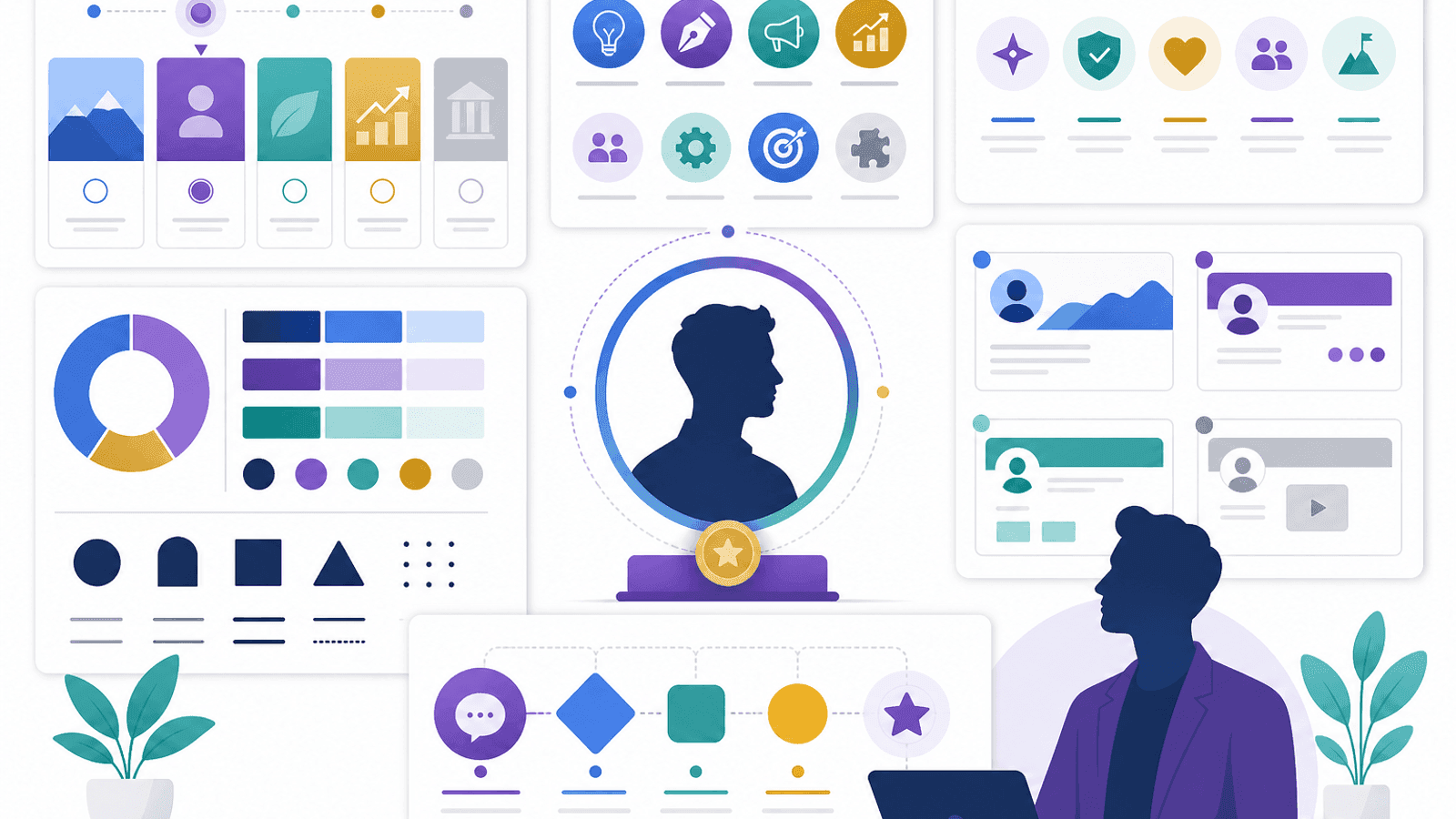 Illustration showing the foundation of a personal brand with niche selection, expertise, values, visual identity and consistent messaging.